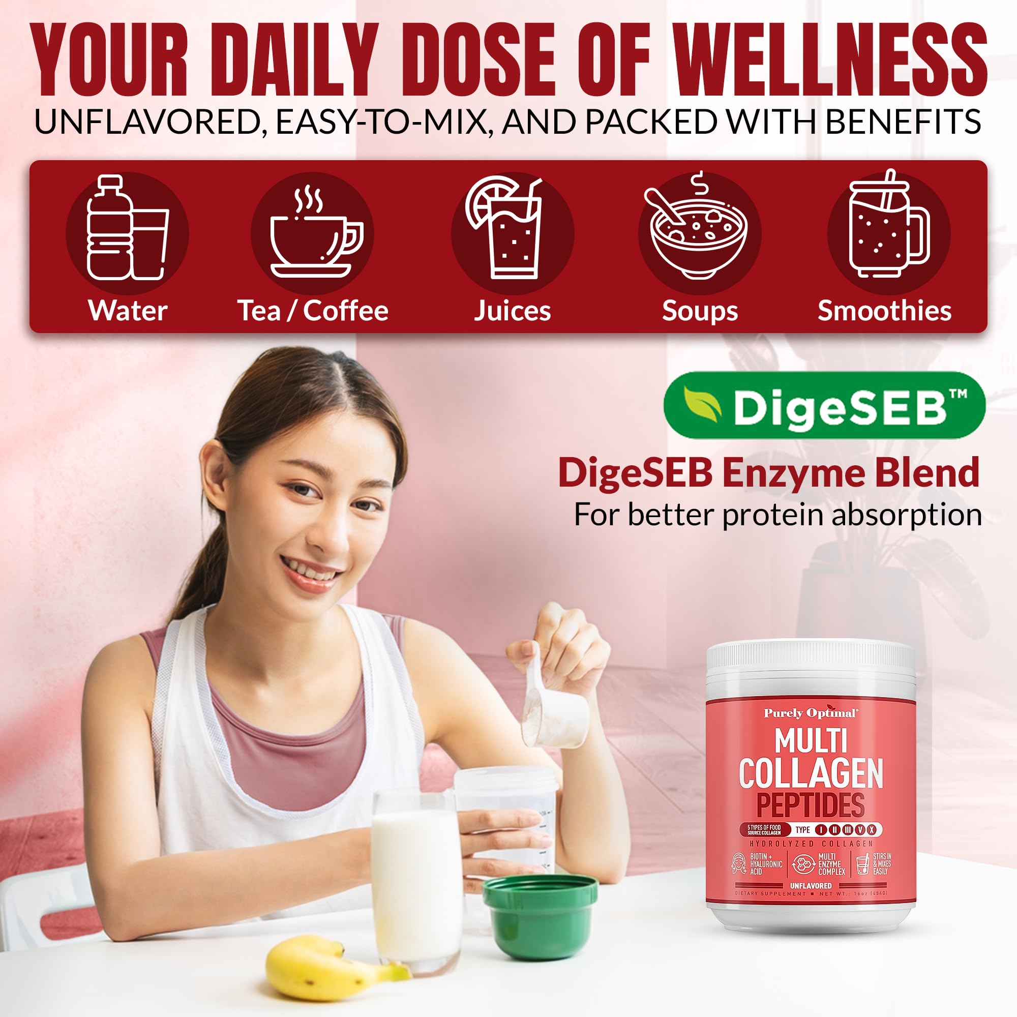 Purely Optimal Multi Collagen Powder for Women – 5 Types, Biotin & Hyaluronic Acid (Unflavored, 42 Servings)