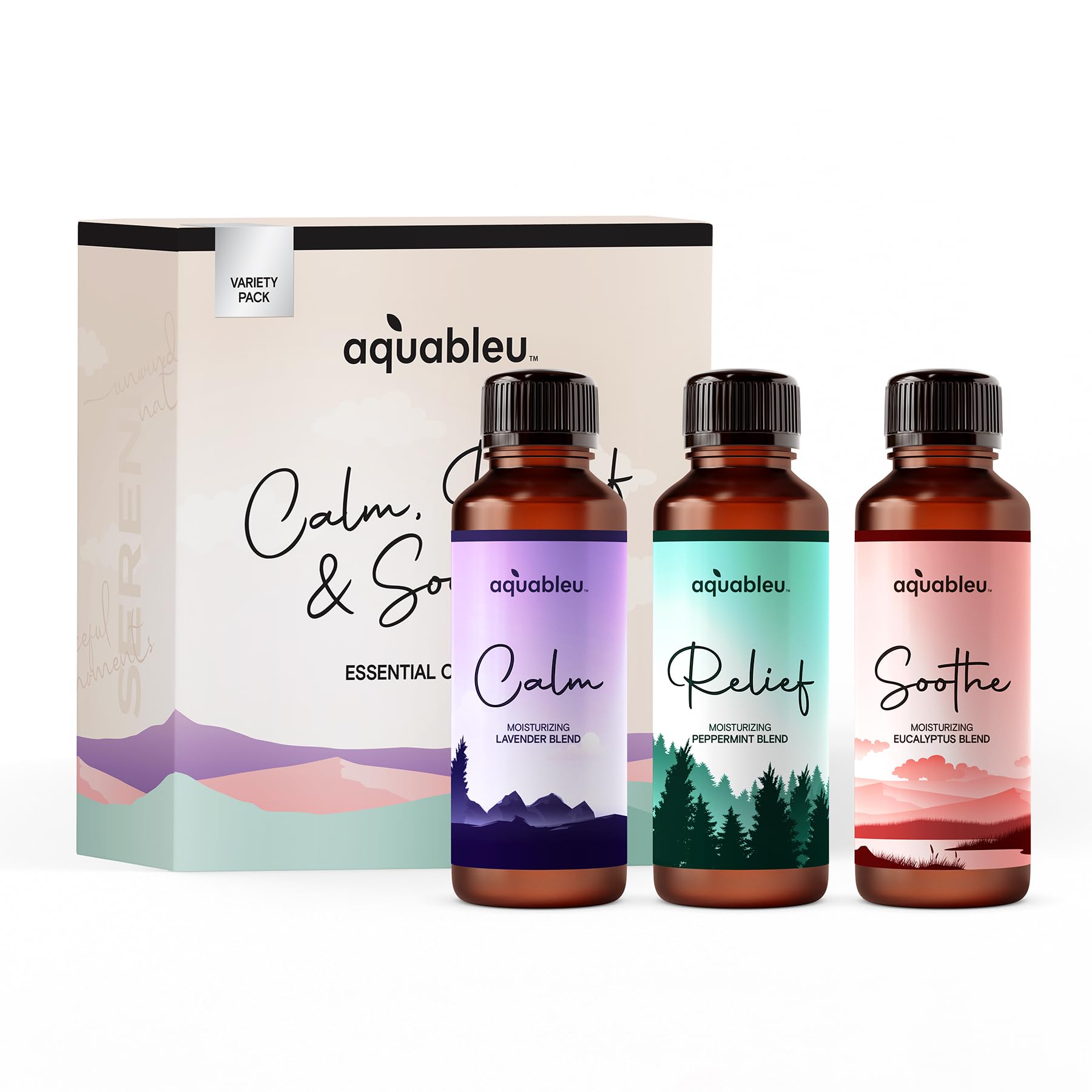 Essential Massage Oil Gift Set – Serenity Trio: Calm Lavender, Relief Peppermint, Soothe Eucalyptus (80 ml) – Beautiful Gift for Women