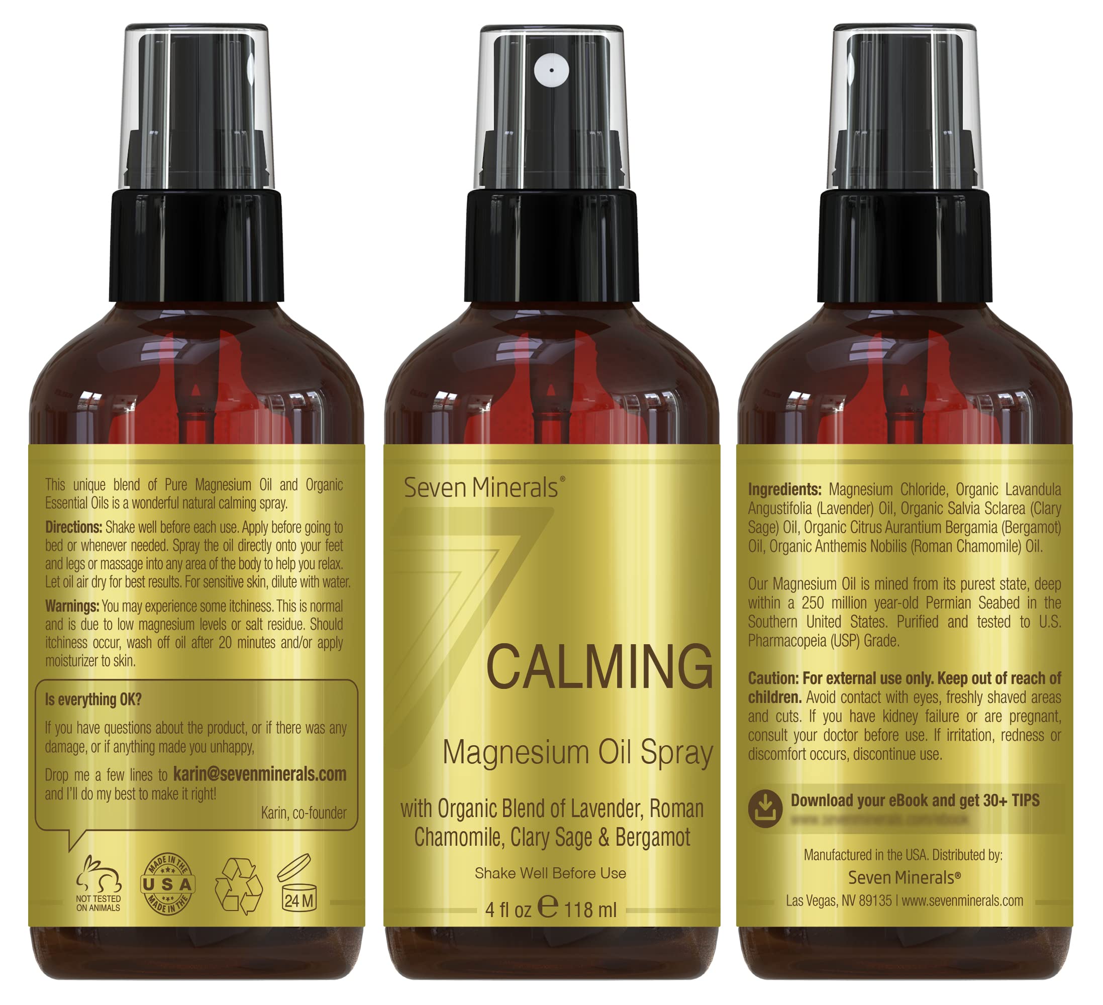 Seven Minerals Calming Magnesium Spray – All-Natural Essential Oils Blend | Made in USA | 4 oz | Free eBook