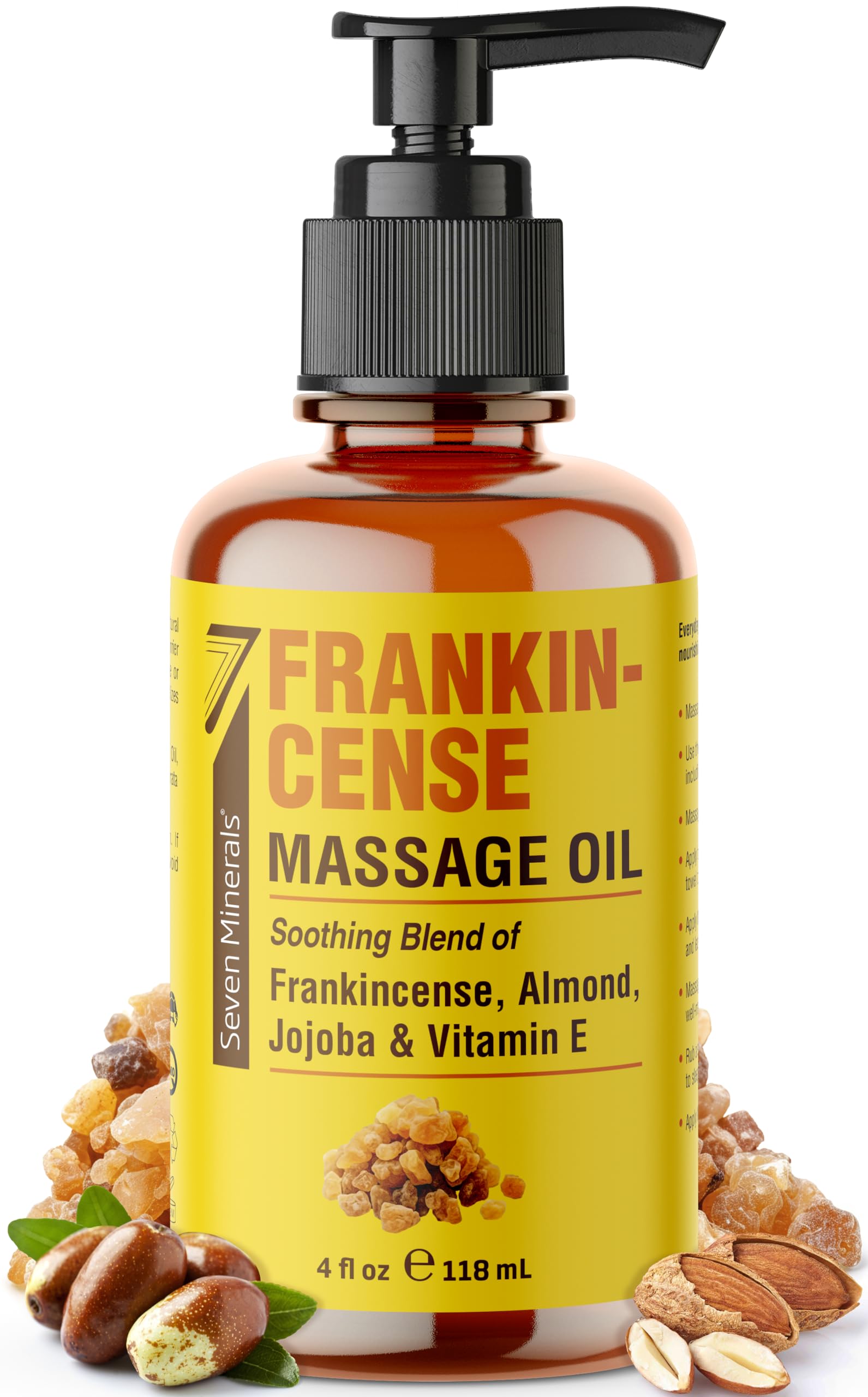 Seven Minerals Frankincense Massage Oil 4oz – For Professional or Home Massage (Almond, Jojoba & Vitamin E)