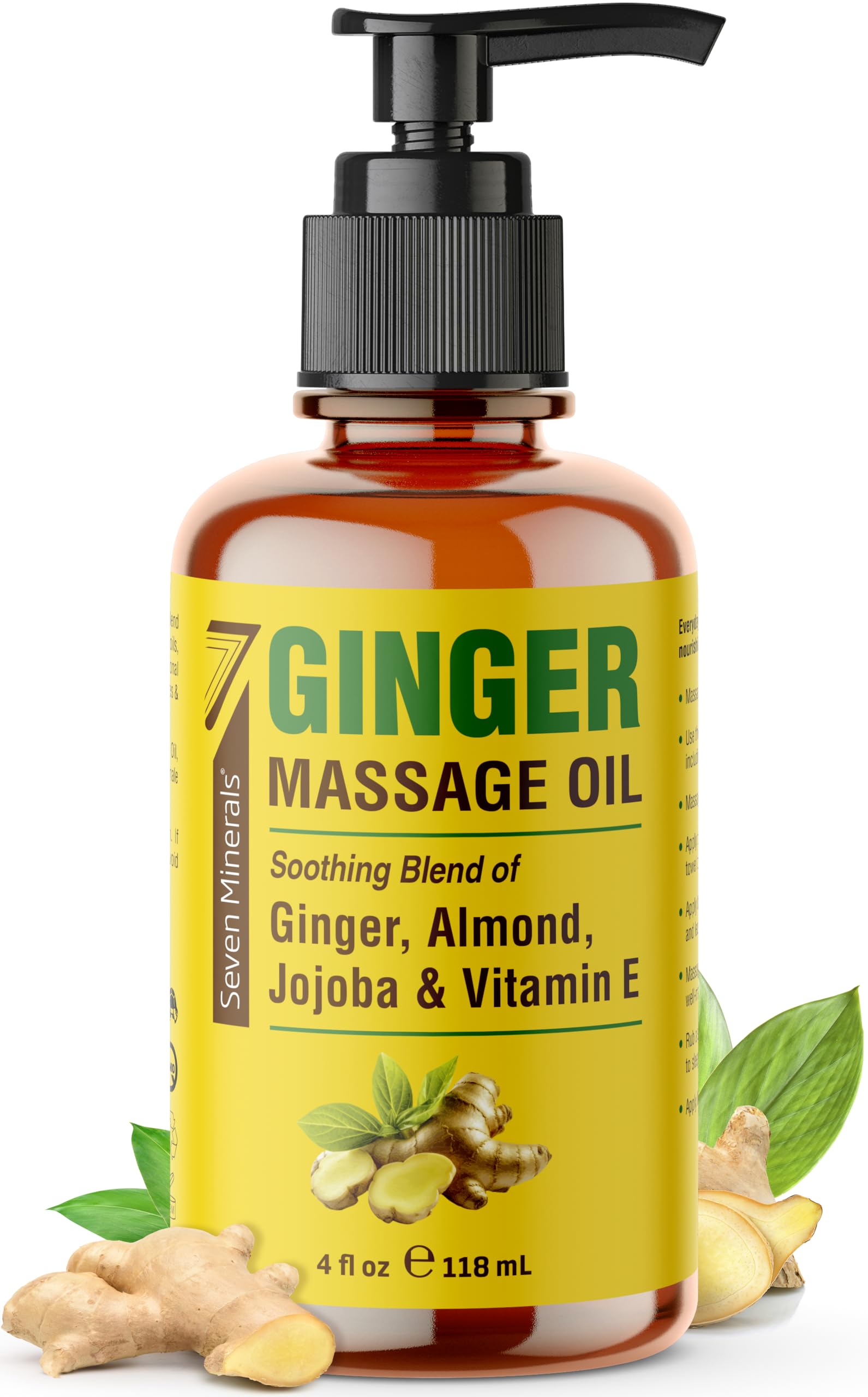 Seven Minerals Ginger Massage Oil for Lymphatic Drainage Therapy - 4 oz Therapeutic Grade Essential Oils