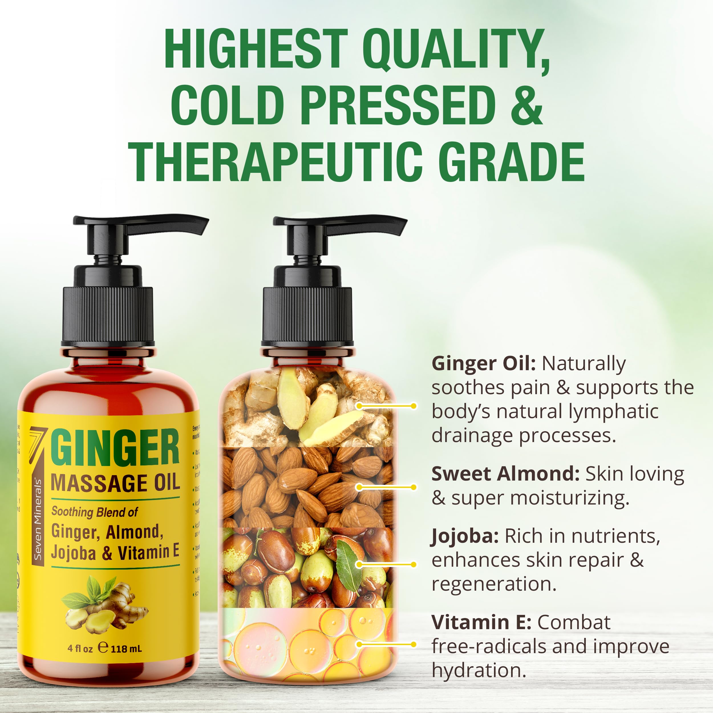 Seven Minerals Ginger Massage Oil for Lymphatic Drainage Therapy - 4 oz Therapeutic Grade Essential Oils