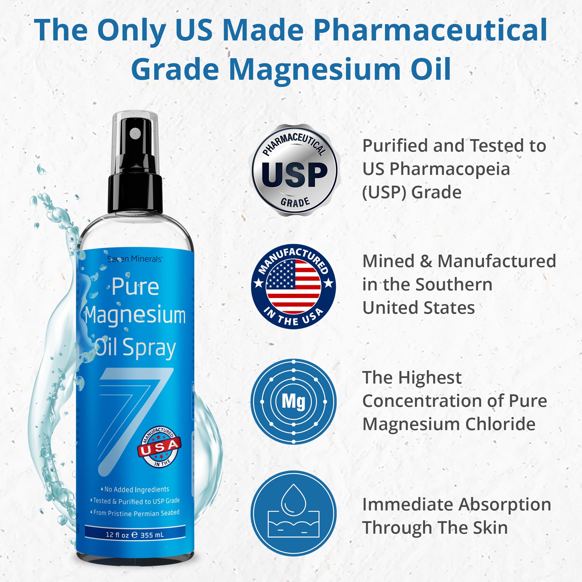 Seven Minerals Magnesium Oil Spray 12oz – USP Grade, Extra Strength, Made in USA | Sleep, Muscle Pain & Cramps
