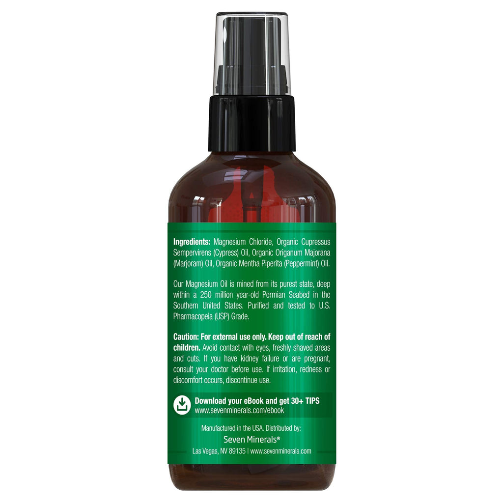 Seven Minerals Magnesium Oil Spray – USA Made with Cypress, Sweet Marjoram & Peppermint (4 oz)