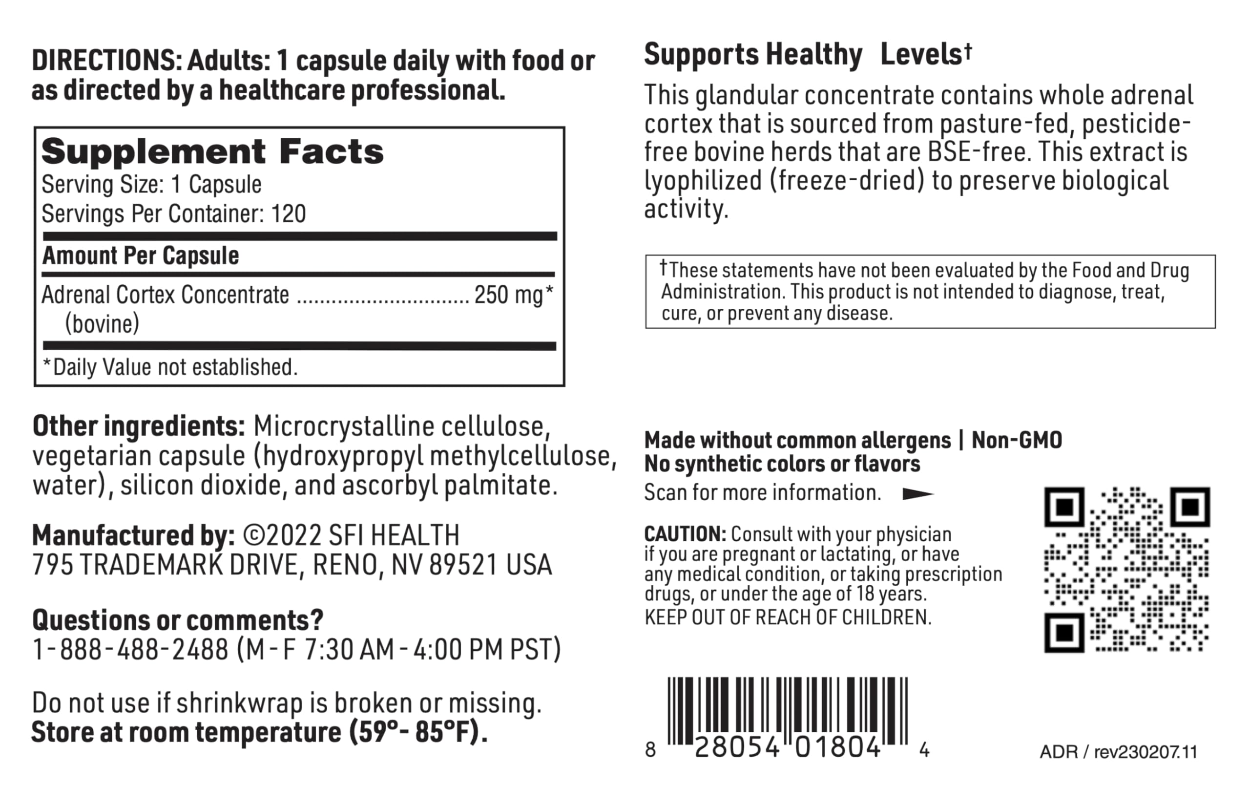 SFI Health Klaire Labs Adrenal Cortex — Targeted Adrenal Support, Lyophilized Bovine Extract, 120 Capsules