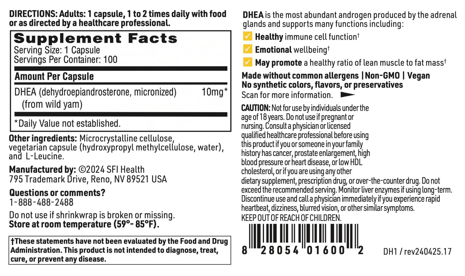 SFI Health Klaire Labs DHEA 10 mg – Micronized Dehydroepiandrosterone (DHEA) – Soy-Free, Hypoallergenic – 100 Capsules
