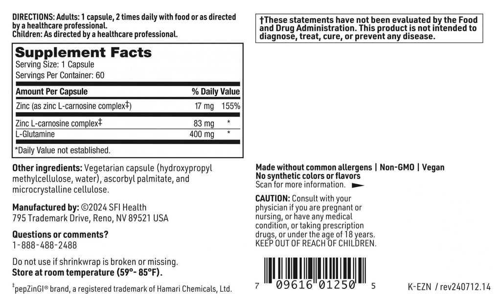 SFI Health Klaire Labs Endozin: Zinc Carnosine & L-Glutamine for Gut Barrier Support - Hypoallergenic, 60 Capsules
