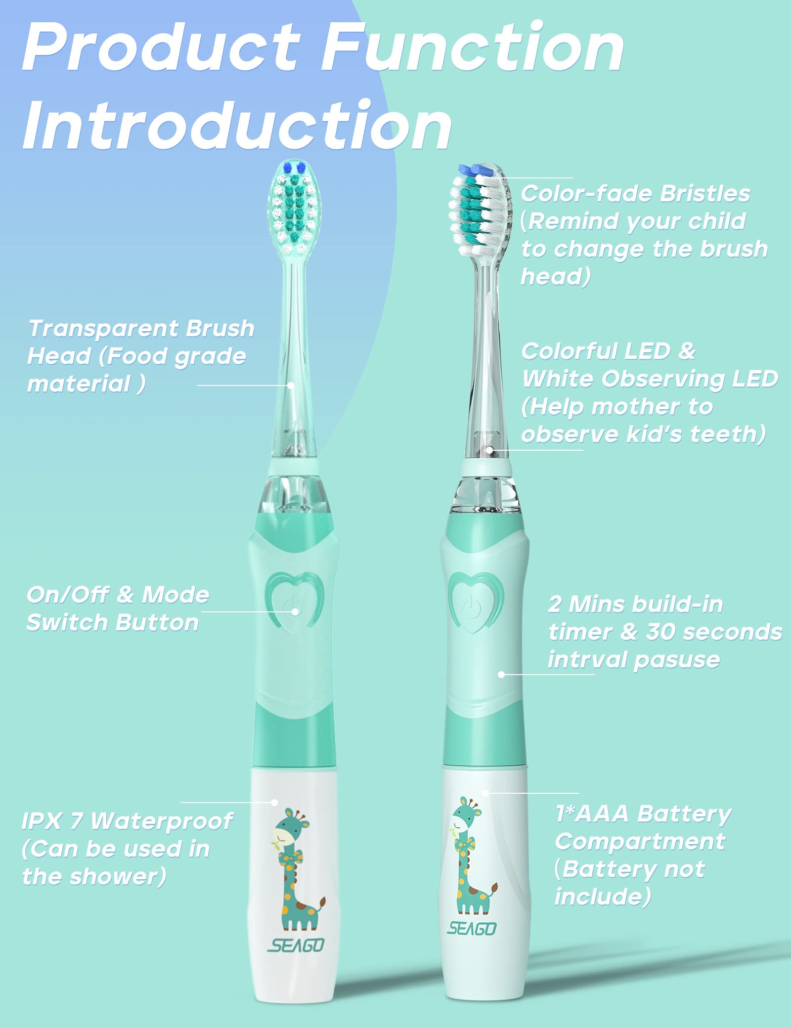 SEAGO SG-977 Kids Electric Toothbrush – 2-Min Timer, Rainbow LED, 4 Replacement Heads, Green