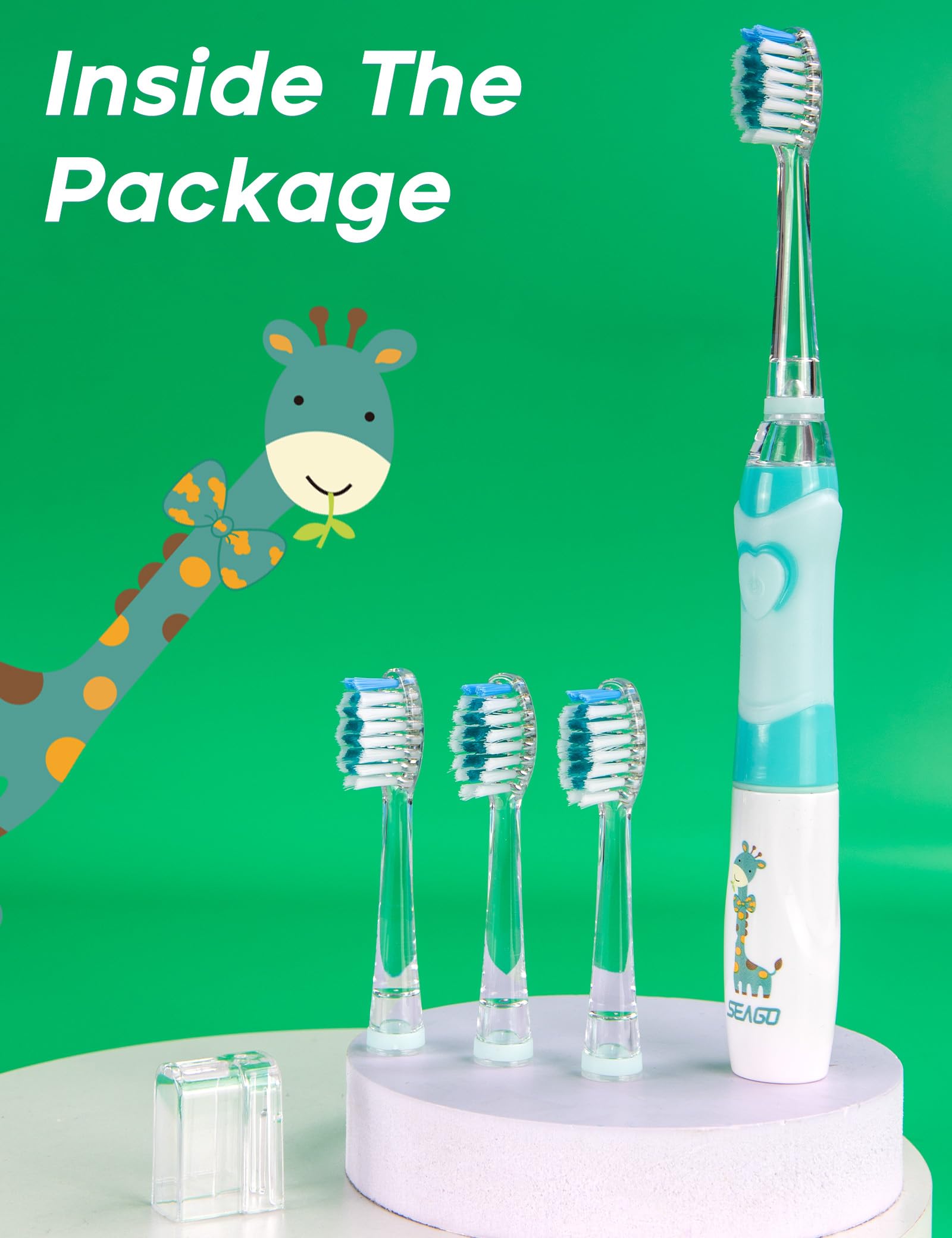 SEAGO SG-977 Kids Electric Toothbrush – 2-Min Timer, Rainbow LED, 4 Replacement Heads, Green
