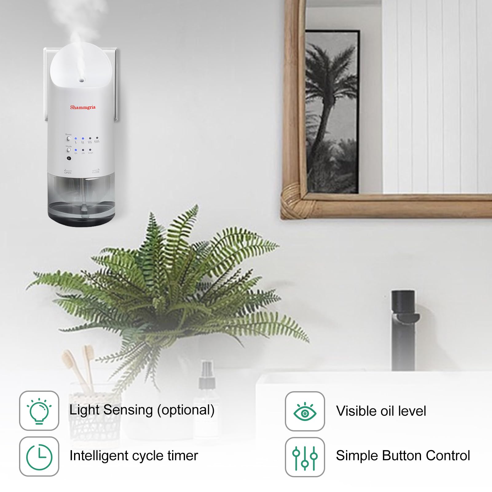 Shammgria 2025 Plug-in Waterless Diffuser — Wall Mount, 500 Sq Ft, 160ml, White