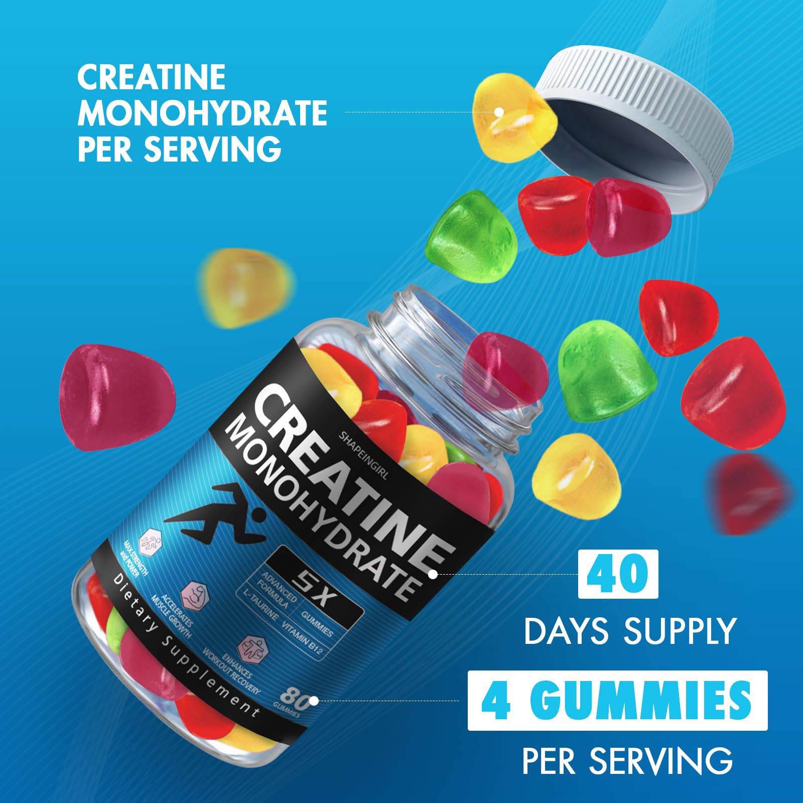 SHAPEINGIRL Creatine Monohydrate Gummies for Women & Men – Vegan, Vitamin B12, 320-Count