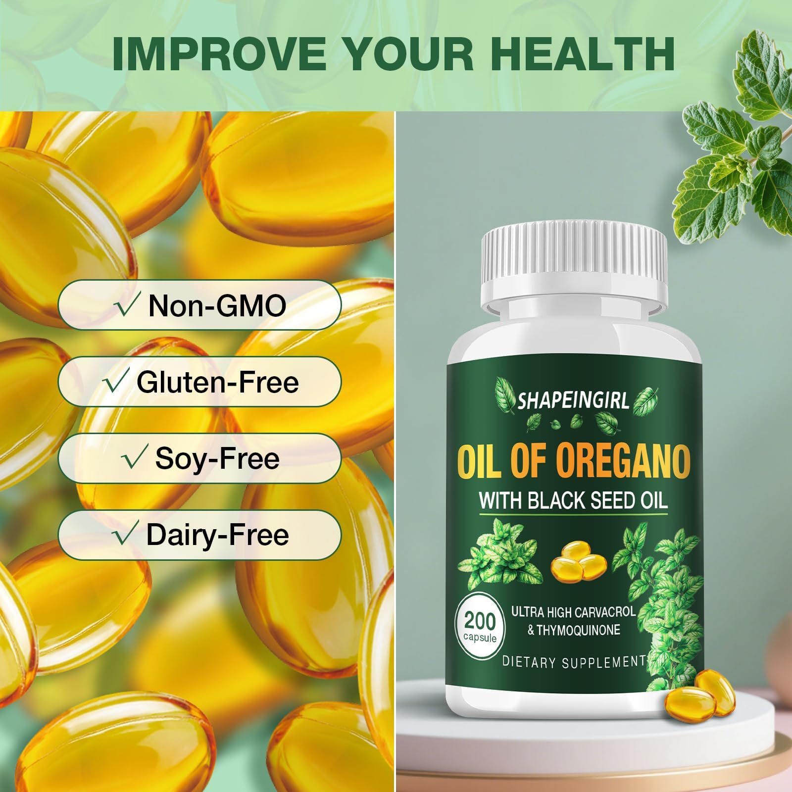 SHAPEINGIRL Oil of Oregano with Black Seed Oil – Organic Oregano Oil Supplement, 400 Softgels, High Potency Carvacrol & Thymoquinone, Non-GMO, Immune Support, Digestive & Respiratory Health