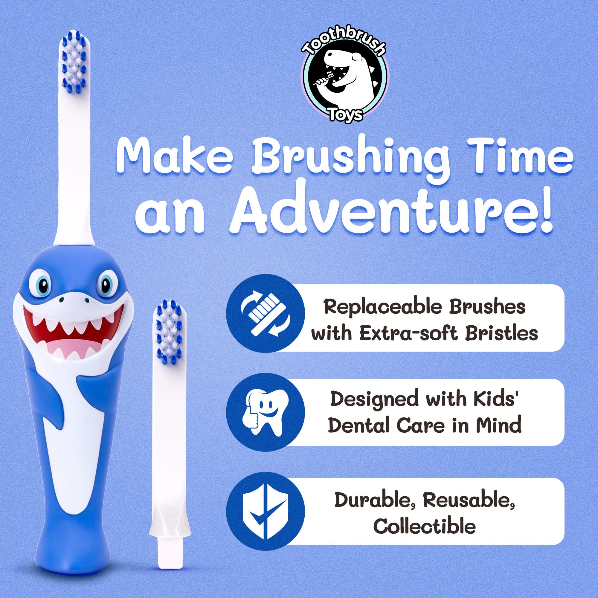 Kids Soft Bristle Shark Toothbrush 2+ | Gentle, Replaceable Head, Ergonomic Handle