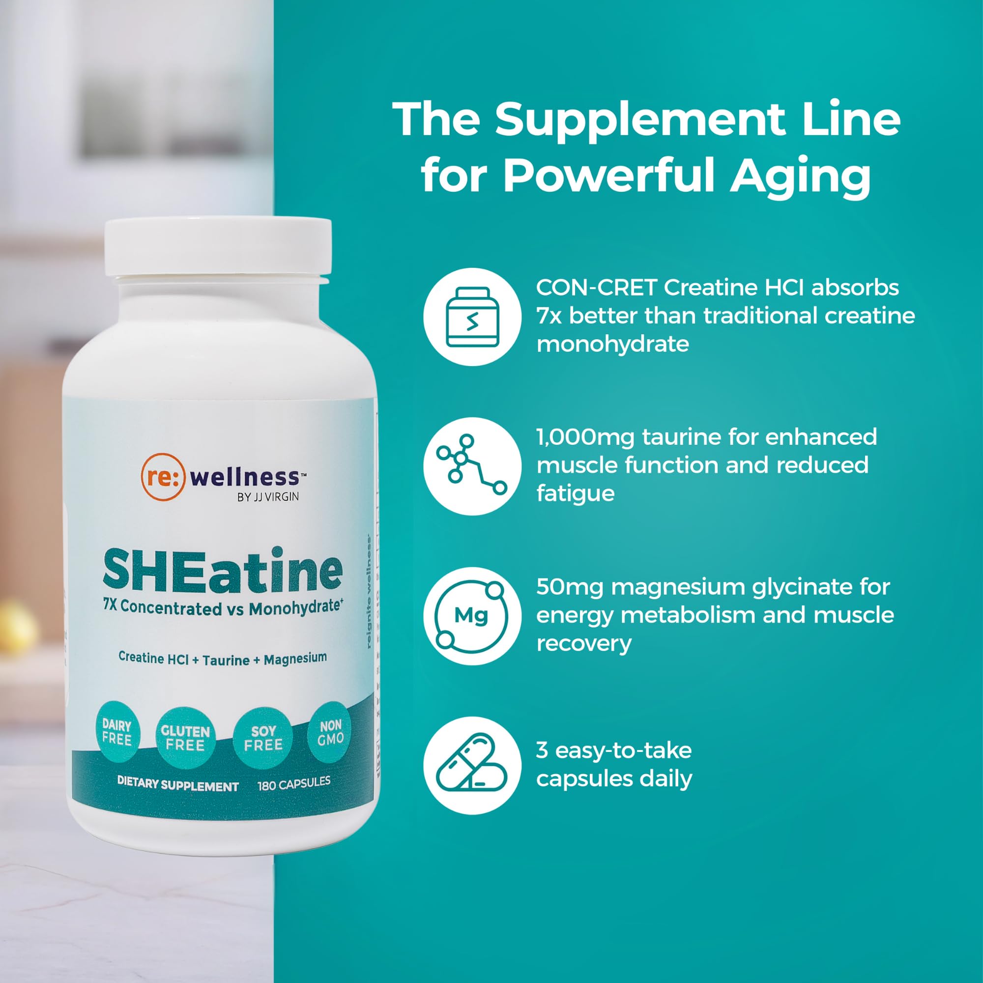 Reignite Wellness SHEatine by JJ Virgin | Creatine HCl, Taurine & Magnesium Glycinate | 180 Capsules