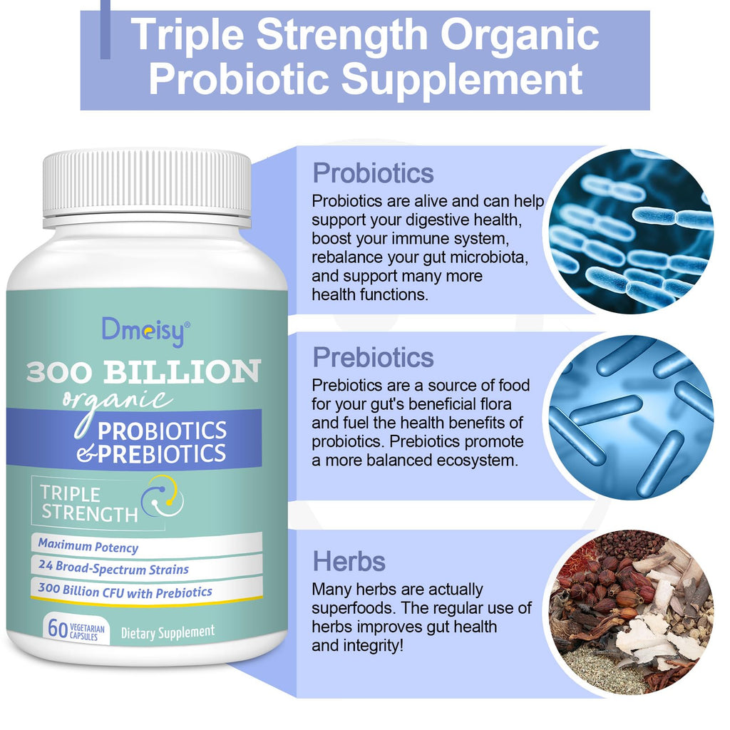 Probiotics for Women and Men - 300 Billion CFU, 24 Strains, 15 Organic Herbs + Prebiotics - Shelf-Stable Gut Health Supplement (8 Month Supply)