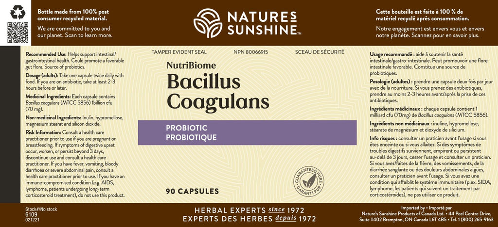 Nature's Sunshine Nutribiome Bacillus Coagulans Probiotics - 90 Capsules, 3 Billion CFU for Digestive Support
