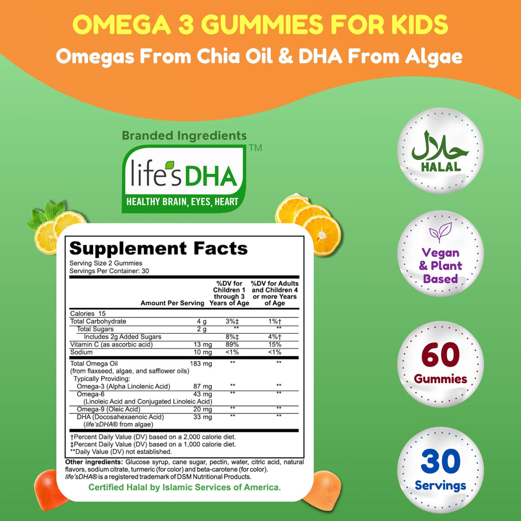 SHIFAA NUTRITION Gelatin-Free Kids Omega-3 Gummies with DHA | Plant-Based, Gluten-Free & Non-GMO | 30 Servings