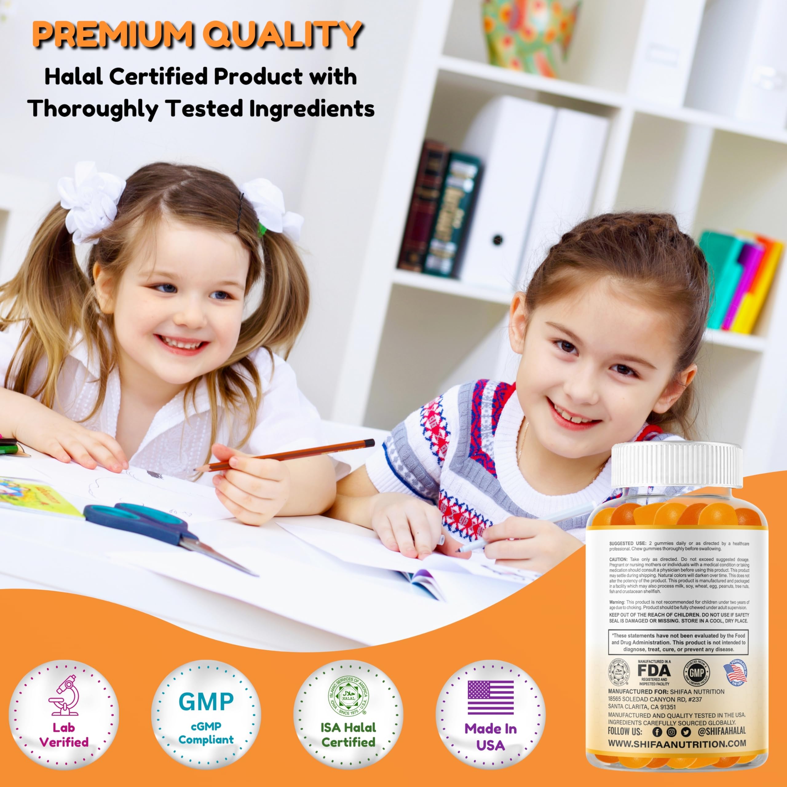 SHIFAA NUTRITION Gelatin-Free Kids Omega-3 Gummies with DHA | Plant-Based, Gluten-Free & Non-GMO | 30 Servings
