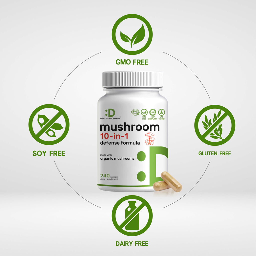 Organic 10-in-1 Mushroom Supplement – 240 Capsules – Immune & Nootropic Support (Non-GMO)