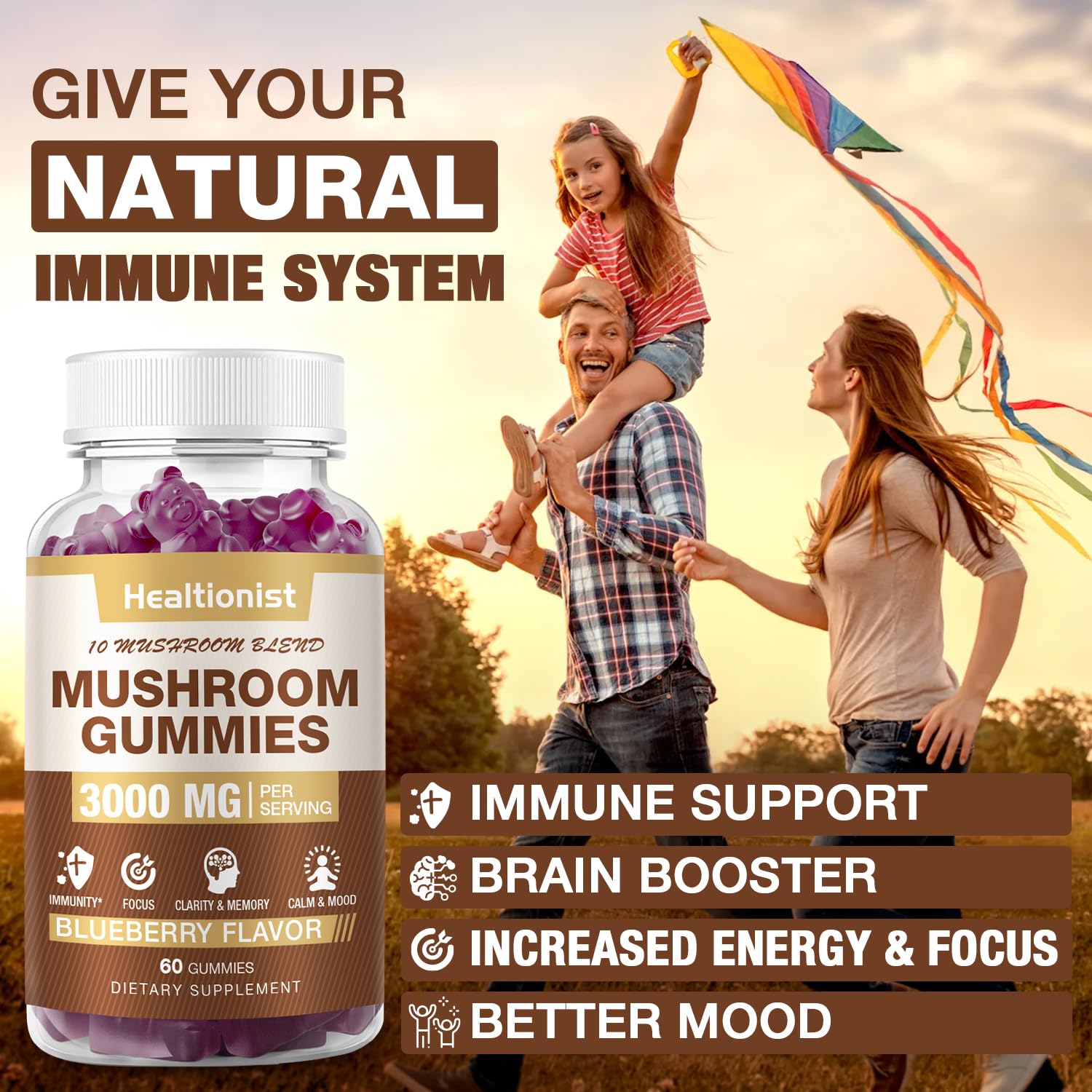 2 Packs Mushroom Complex Gummies 10-Blend – Lion's Mane & Cordyceps for Brain & Immune Support