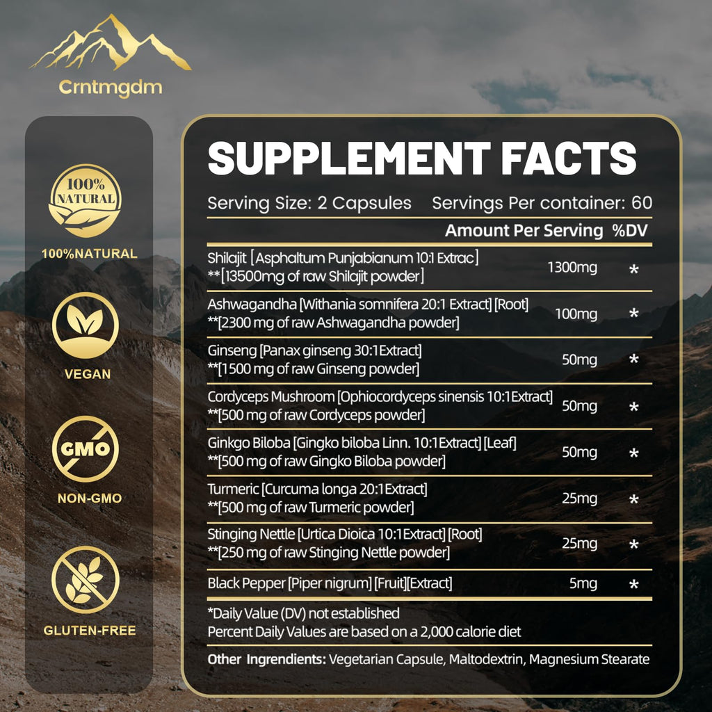 Shilajit Capsules - 1300mg per Serving with Ashwagandha | 120 Capsules