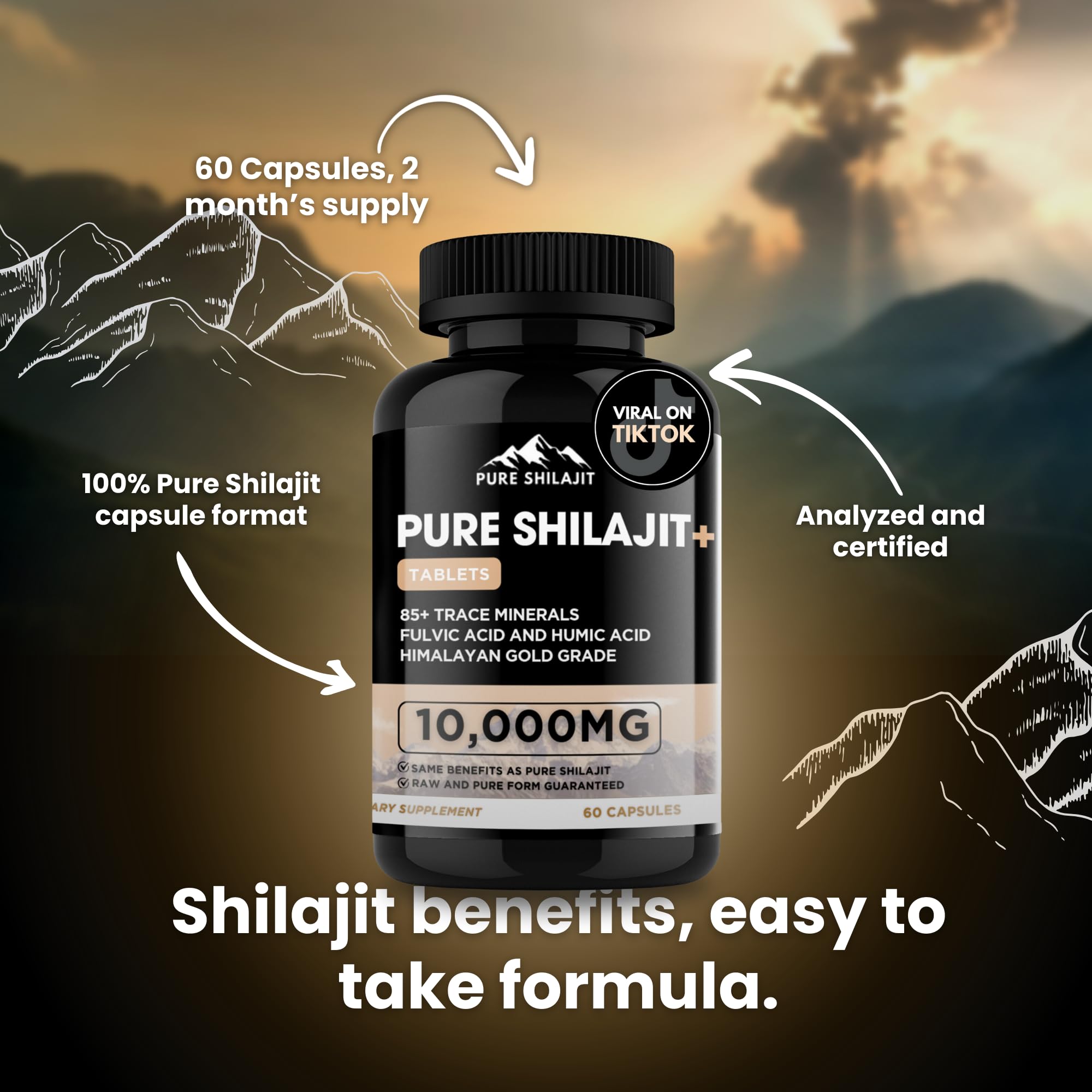Pure Shilajit Capsules | Maximum Potency Organic Himalayan Resin – 60 Tablets