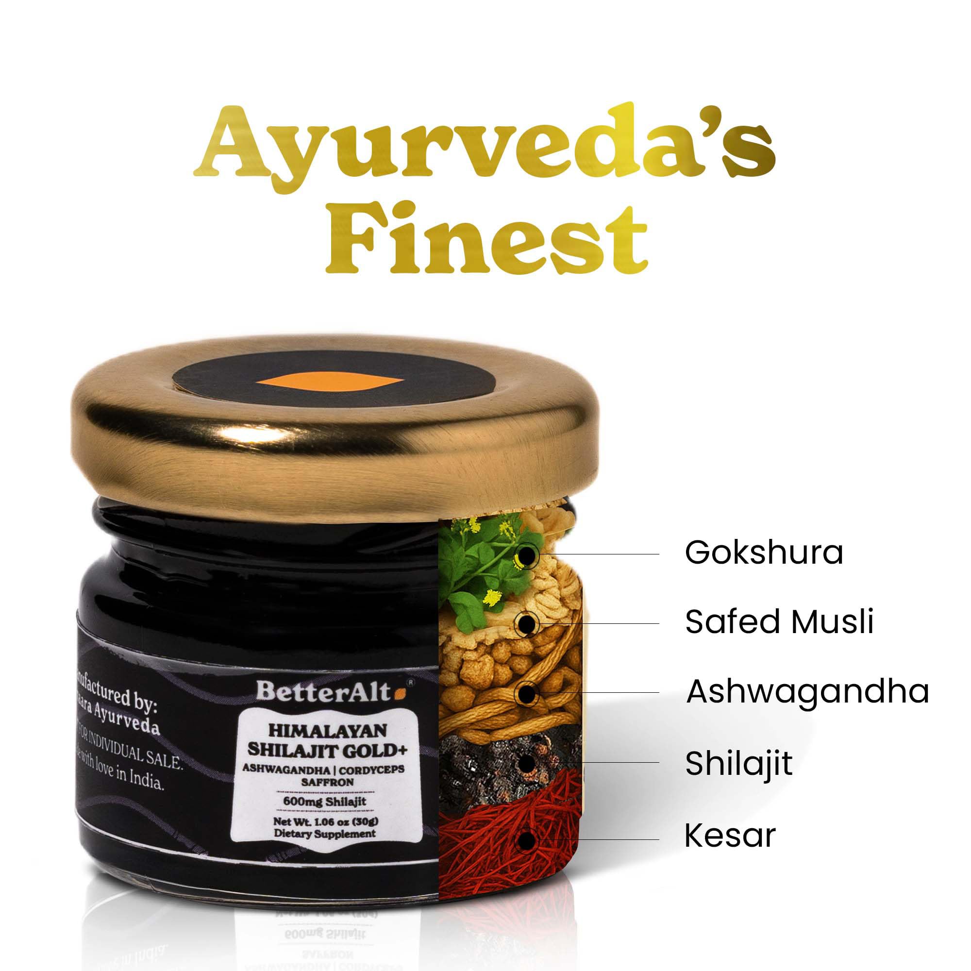 Better Alt Pure Himalayan Shilajit Gold 30g | 600mg Shilajit Blend | 16,000 ft Sourced | Ashwagandha, Safed Musli, Gokshura | Vegan & Lab Tested