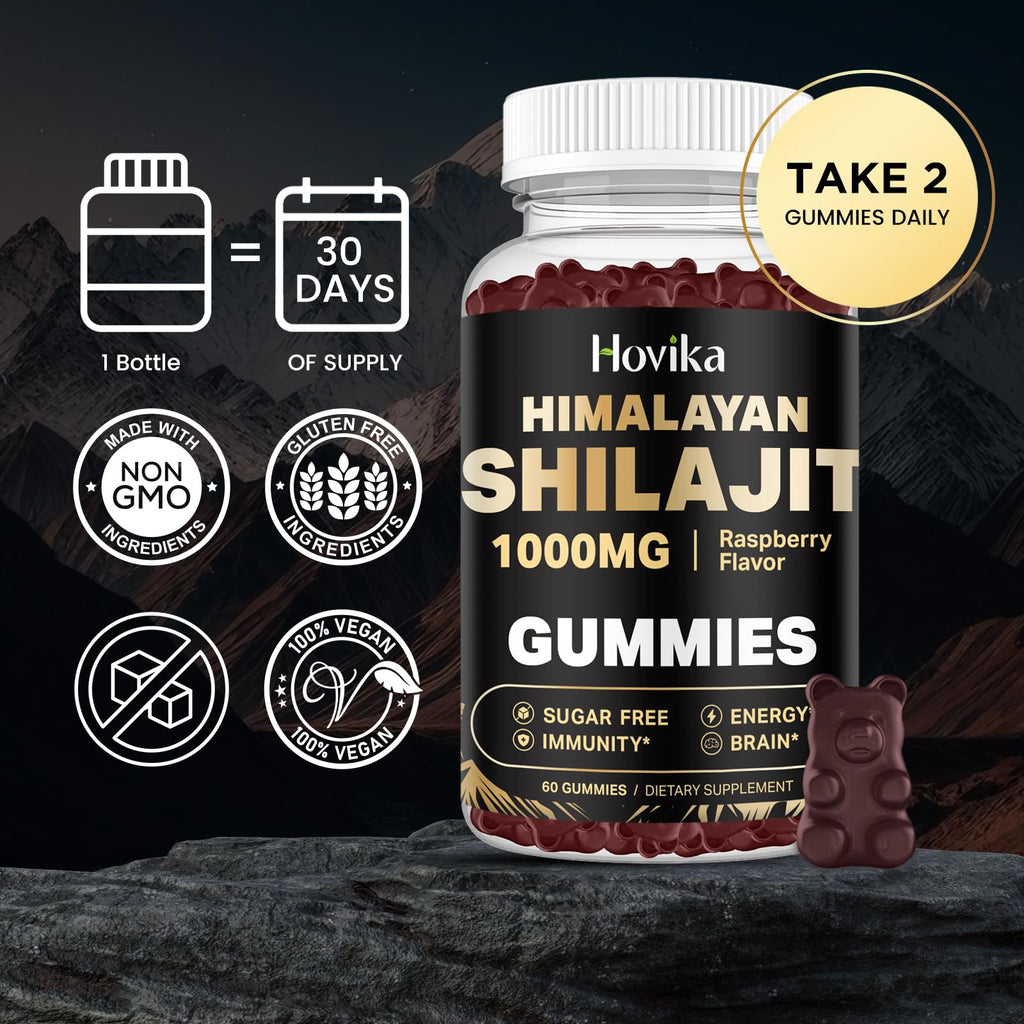 Shilajit Gummies 1000mg – 85+ Trace Minerals | Ashwagandha, Turmeric, Black Pepper | Sugar Free Raspberry 60 Count