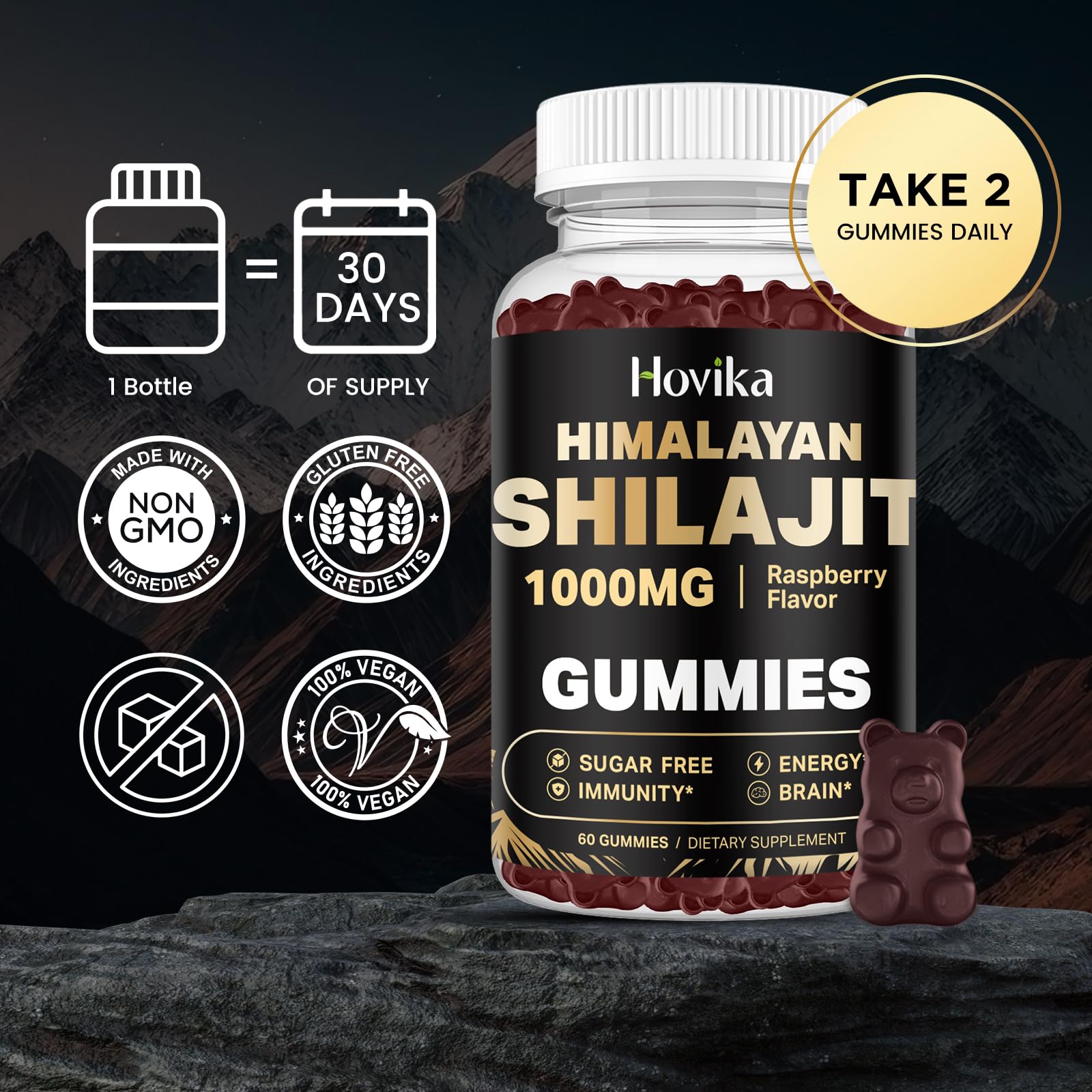 Shilajit Gummies 1000mg – 85+ Trace Minerals | Ashwagandha, Turmeric, Black Pepper | Sugar Free Raspberry 60 Count