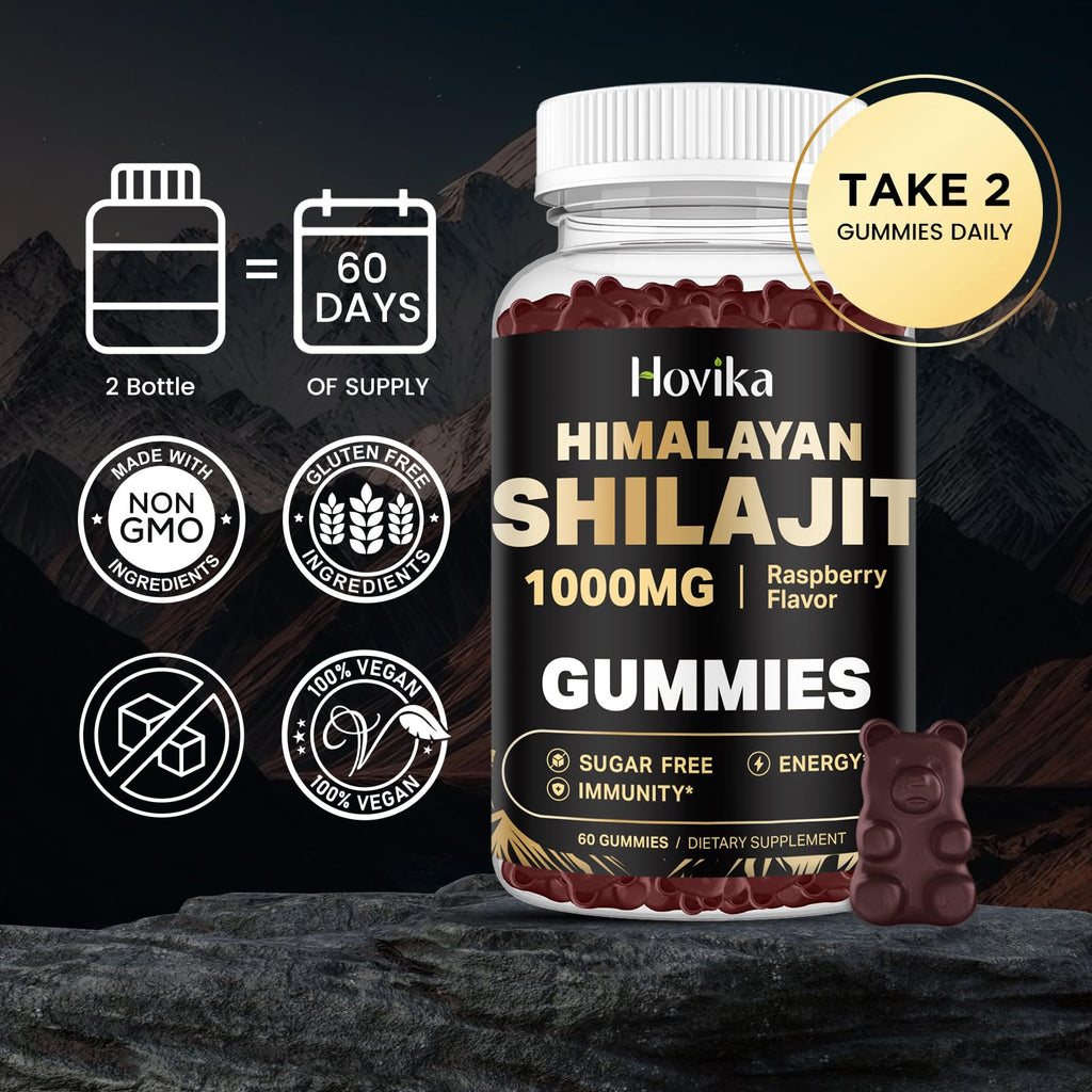 2 Pack Shilajit Gummies 1000mg – 85+ Minerals, Sugar Free Raspberry