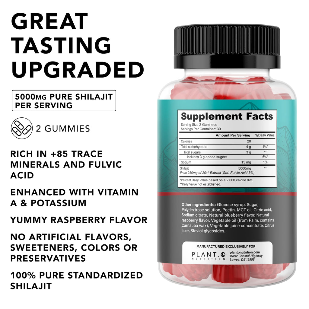 Shilajit Gummies 5000mg – Raspberry Flavor | 60 Count | 85+ Minerals & Fulvic Acid