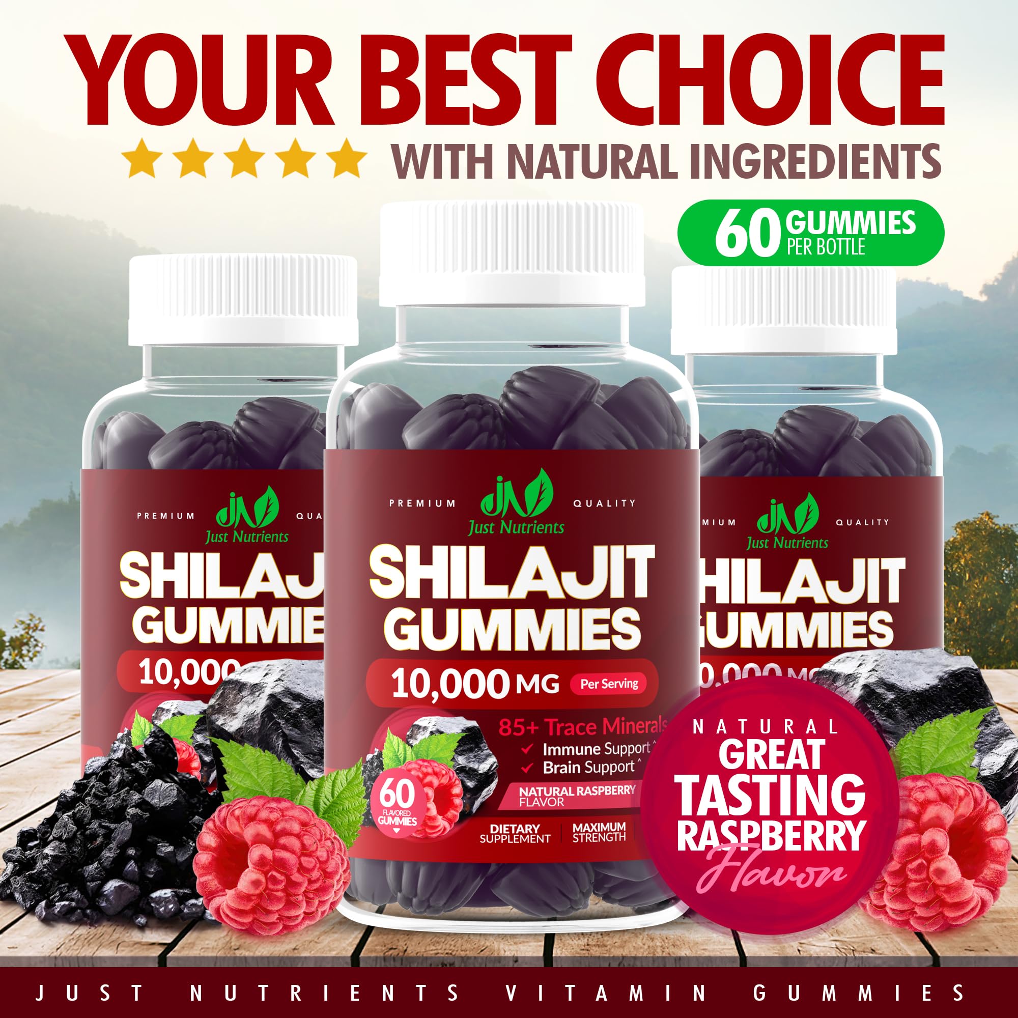 Shilajit Gummies 10,000mg – Maximum Strength Raspberry (Gluten-Free, Non-GMO)