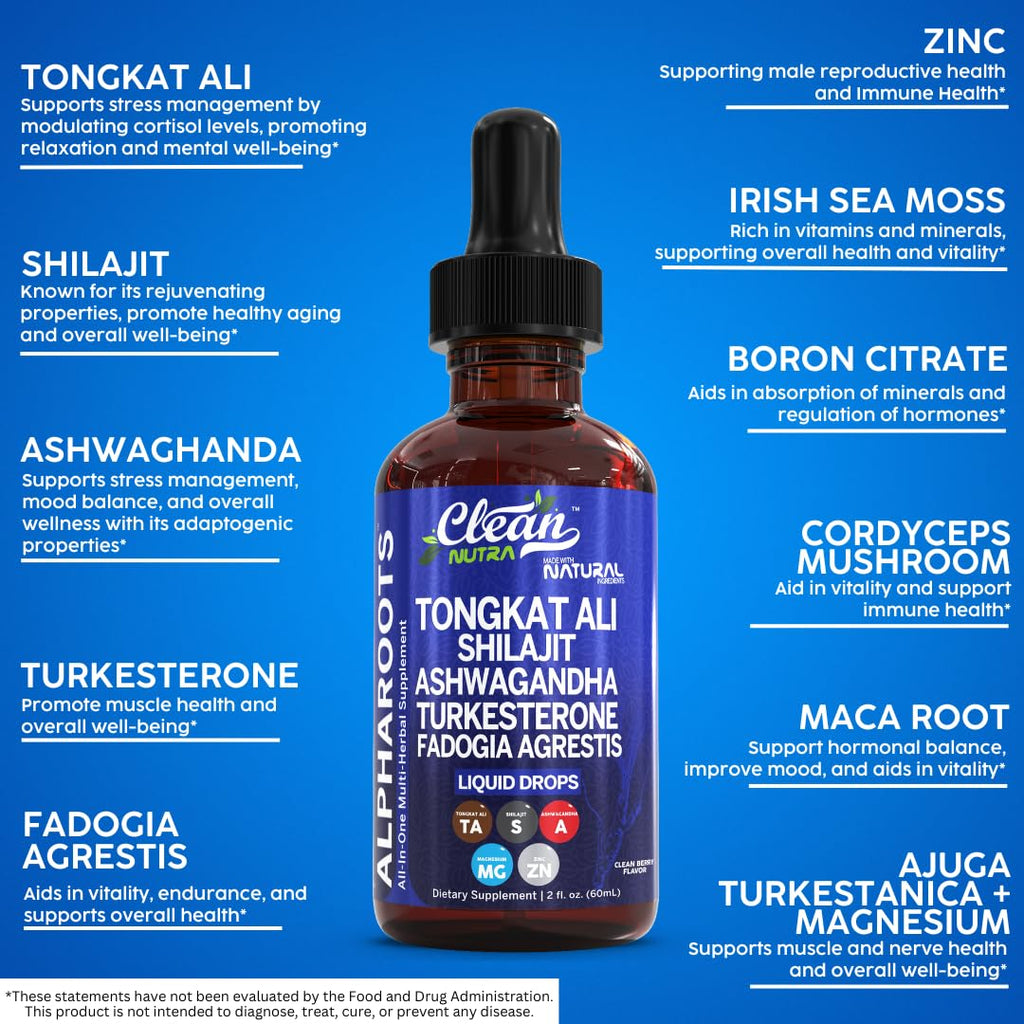 Tongkat Ali Liquid Drops with Shilajit, Ashwagandha, Turkesterone, Fadogia Agrestis, Magnesium, Irish Sea Moss and Zinc | Clean Nutra