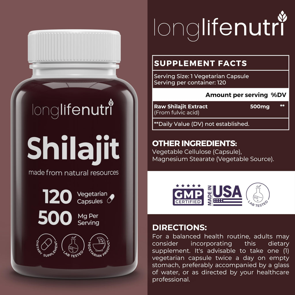 Shilajit Pure Himalayan Extract 500mg | 15% Fulvic Acid, 120 Vegetarian Capsules