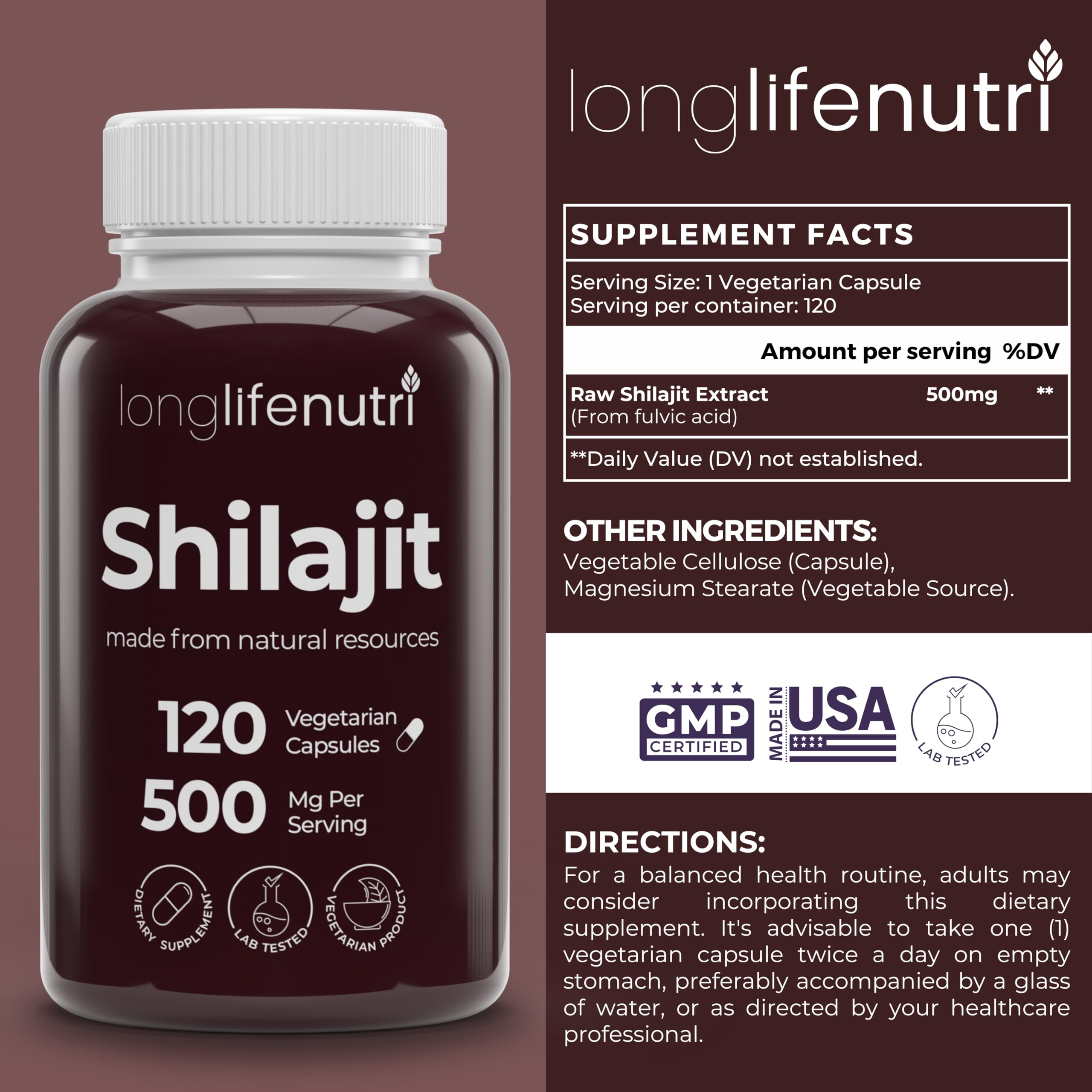 Shilajit Pure Himalayan Extract 500mg | 15% Fulvic Acid, 120 Vegetarian Capsules