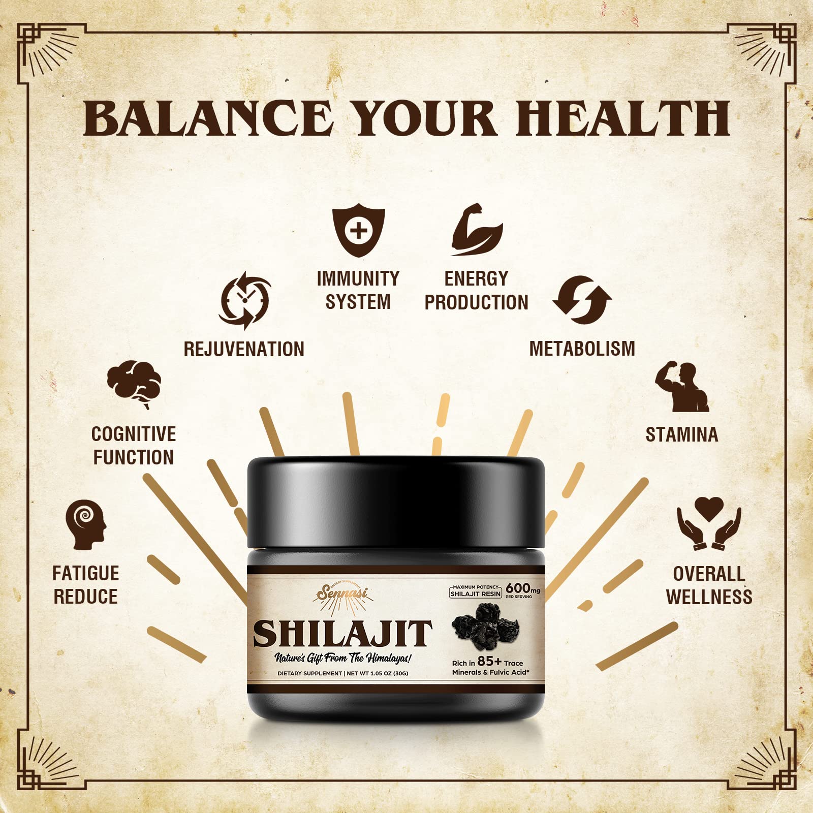 Sennasi Shilajit Pure Himalayan Resin – 600mg, 85+ Minerals, 30g