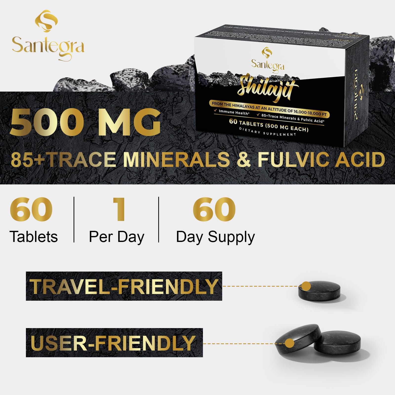 Santegra 30,000 mg Shilajit Tablets – 100% Pure Himalayan Shilajit Resin, Fulvic Acid & 85+ Minerals, 480 Count