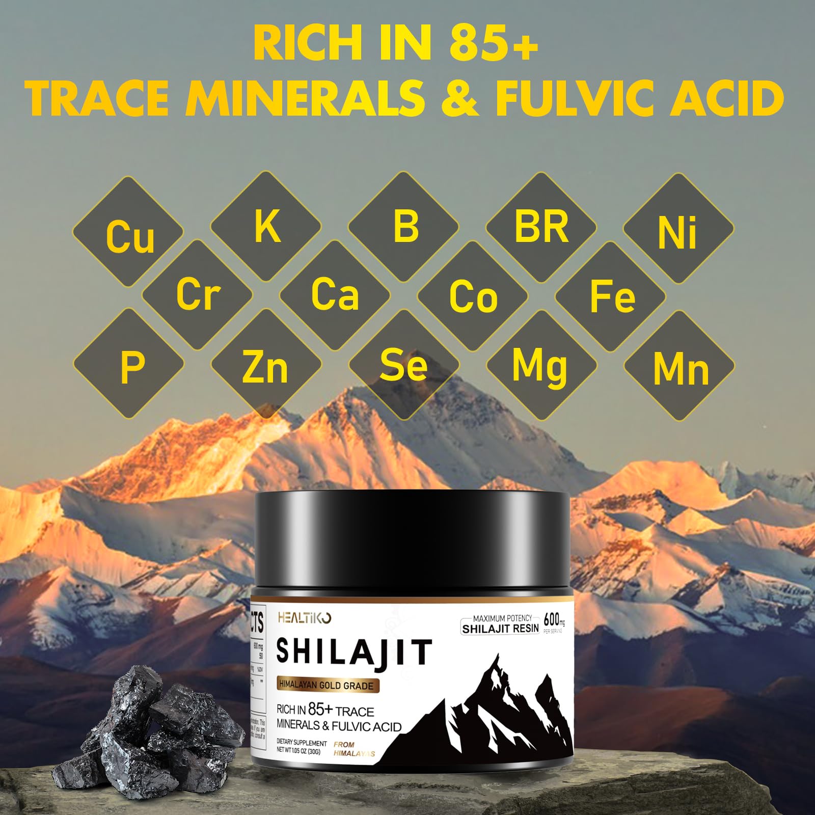 Shilajit Resin Organic – 600mg Gold Grade, 100 Servings, 85+ Minerals & Fulvic Acid
