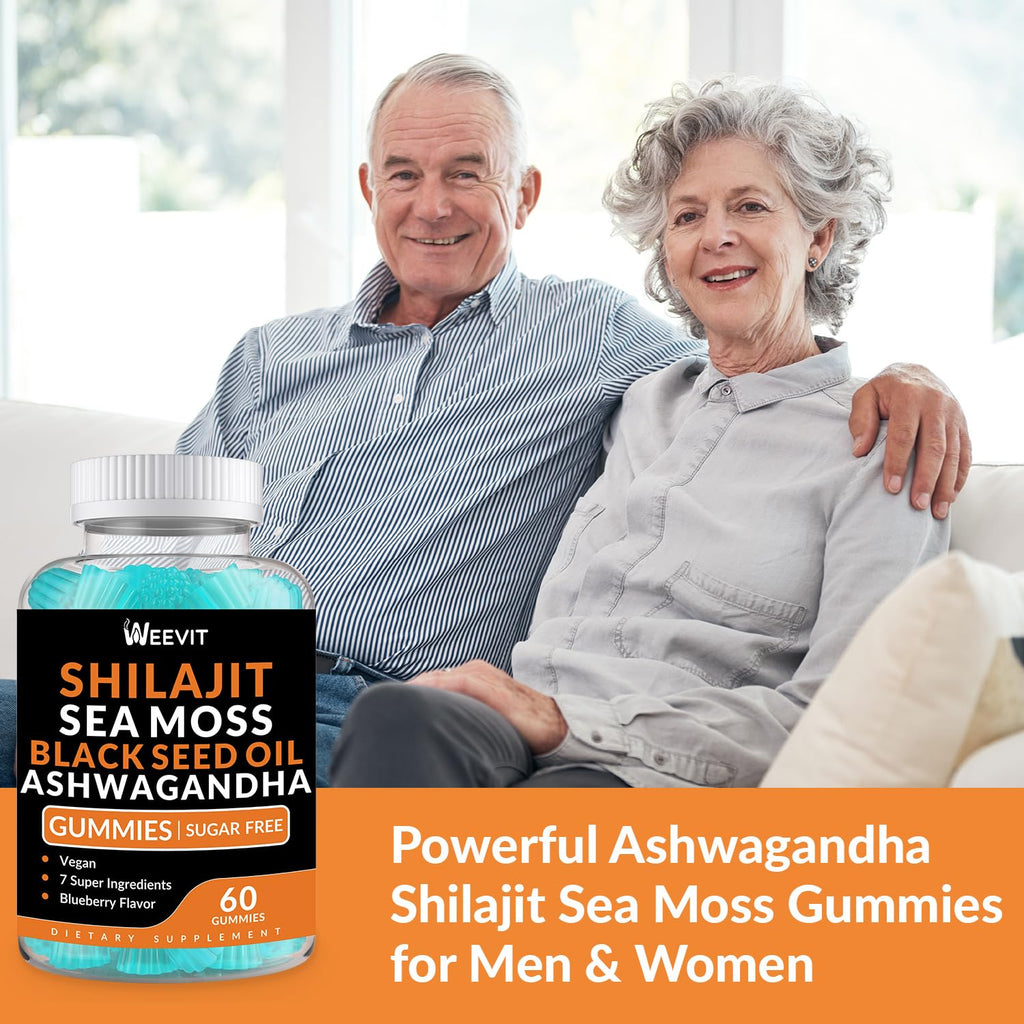 Shilajit Sea Moss Ashwagandha Gummies with Turmeric, Vitamin C & D3 – Immune Support & Energy