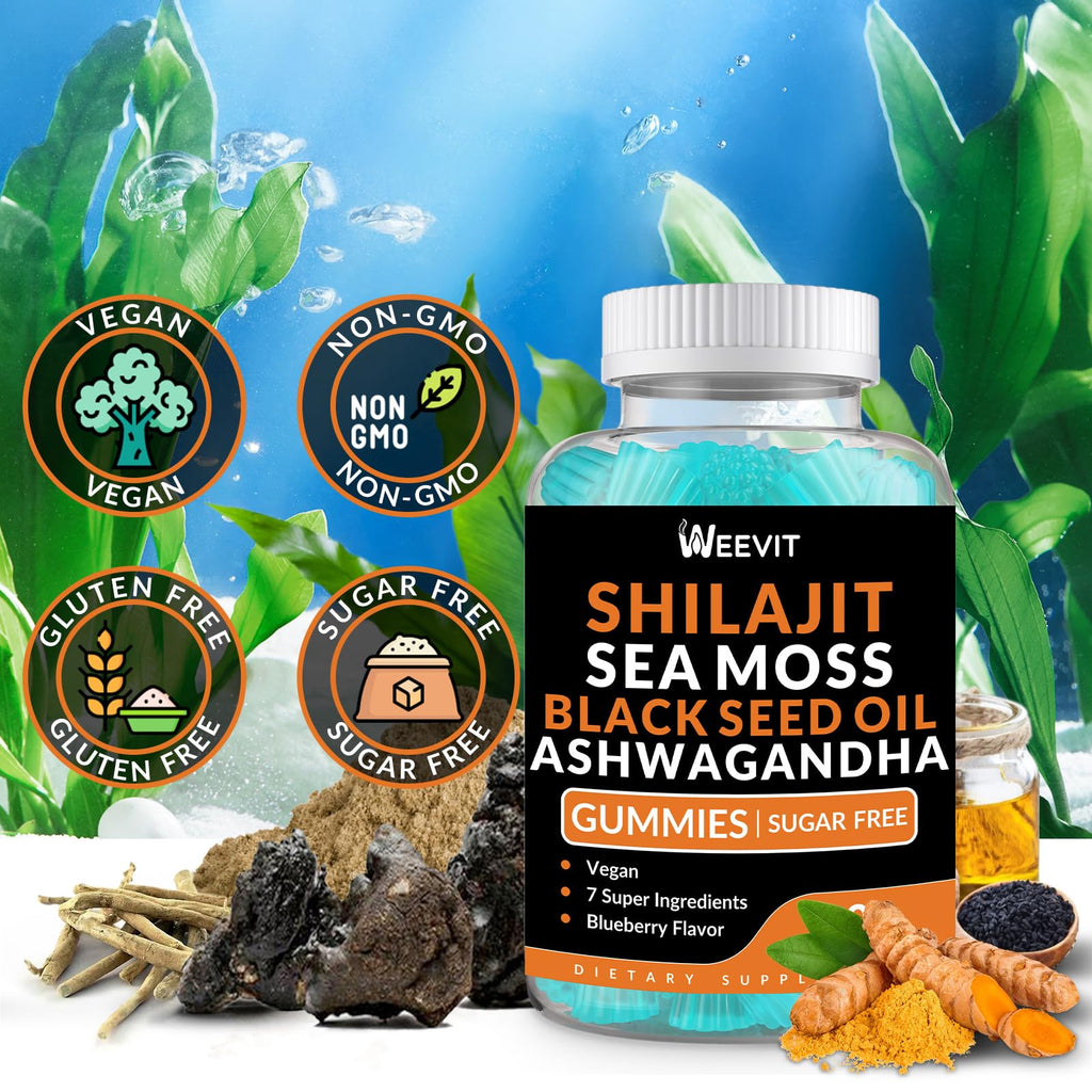 Shilajit Sea Moss Ashwagandha Gummies with Turmeric, Vitamin C & D3 – Immune Support & Energy