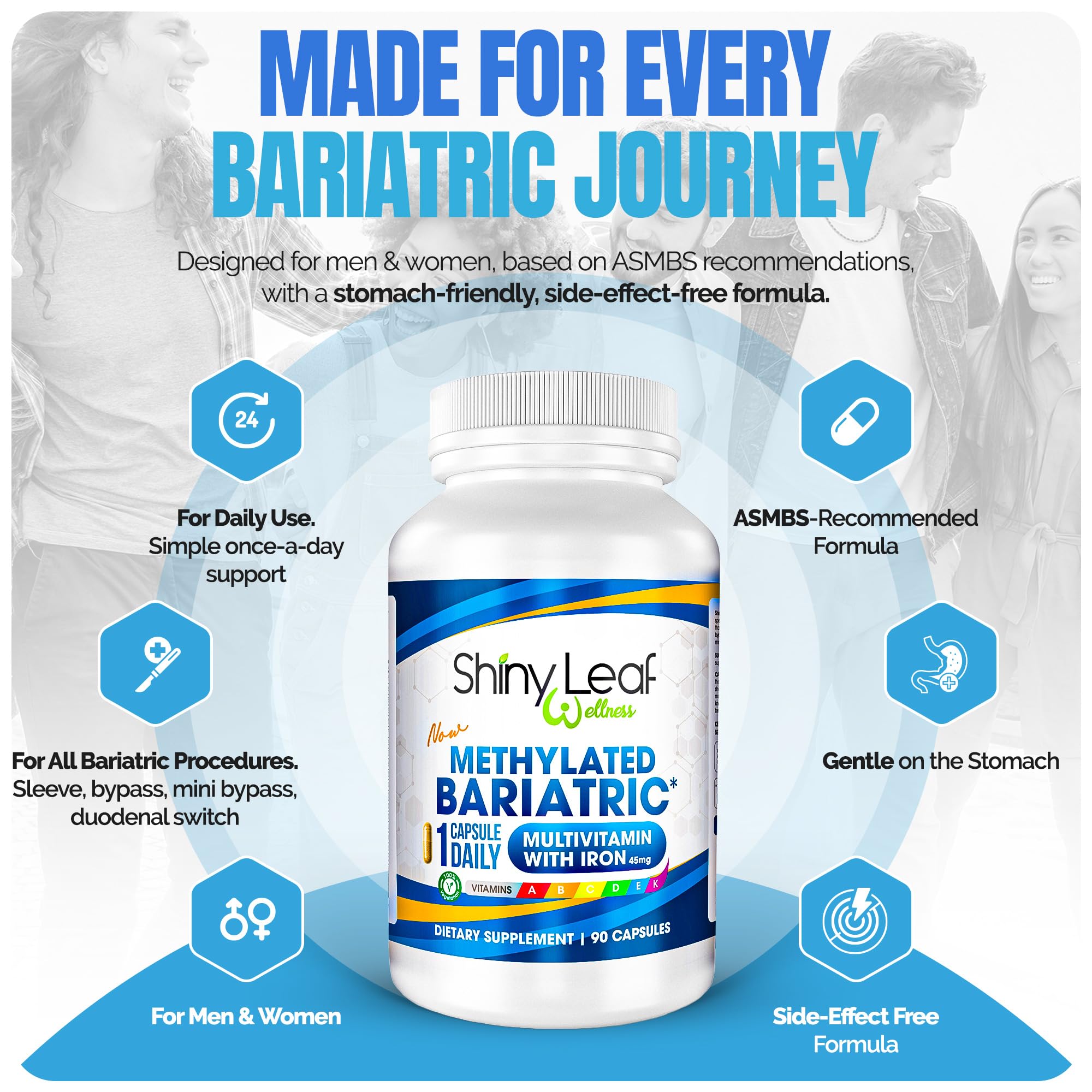 Shiny Leaf Methylated Bariatric Multivitamin with Iron 45mg – 90 Count (USA Made) – ASMBS Compliant