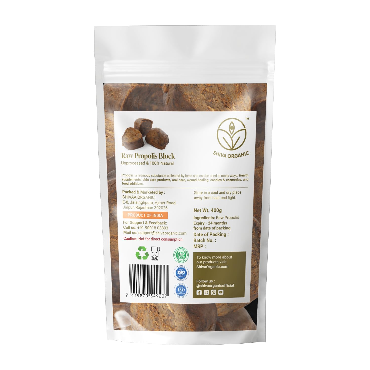 Shiva Organic Raw Propolis Block, Raw & Unprocessed Propolis Block (1000, Grams)