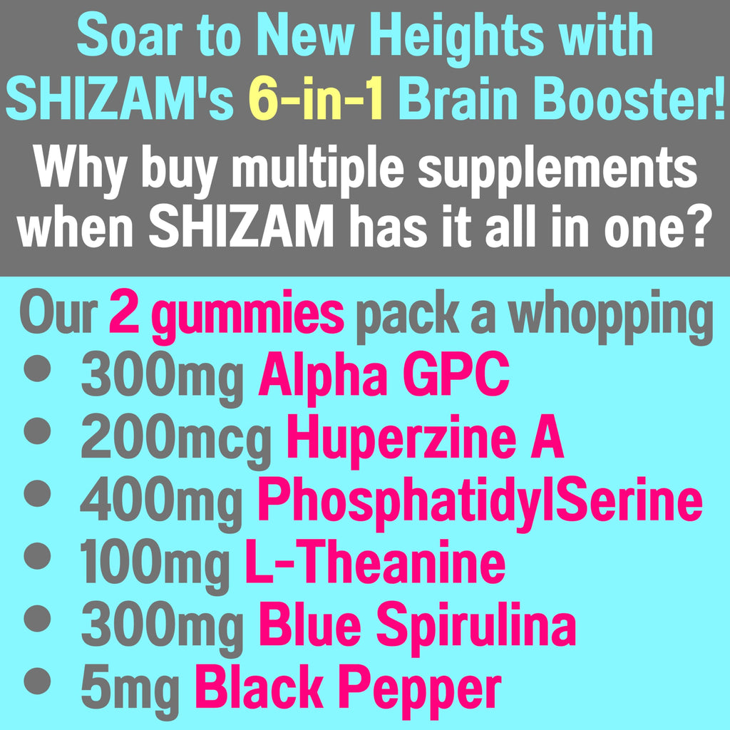 SHIZAM 6-in-1 Brain Gummies – Alpha-GPC, Huperzine A, L-Theanine, Phosphatidylserine, Blue Spirulina