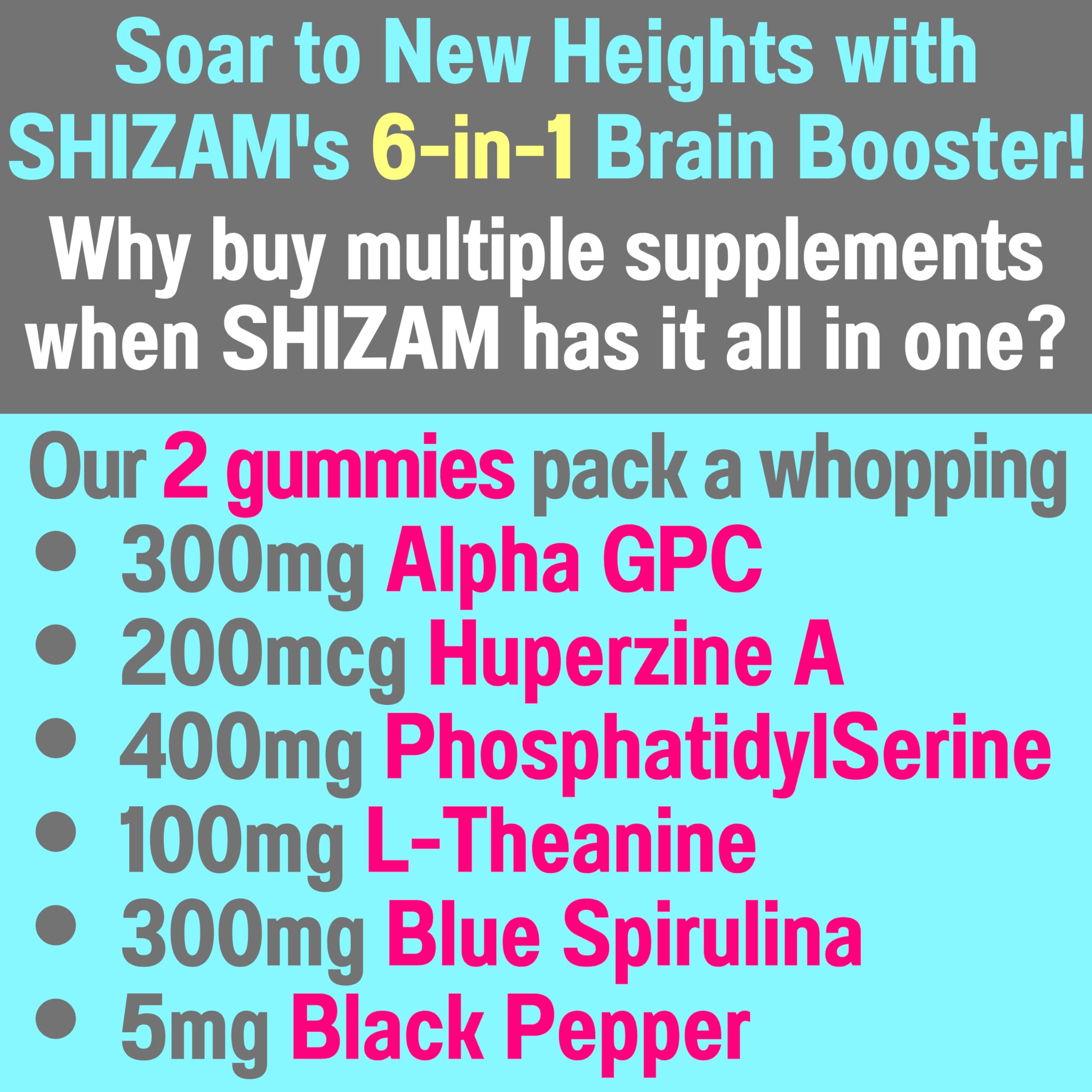 SHIZAM 6-in-1 Brain Gummies – Alpha-GPC, Huperzine A, L-Theanine, Phosphatidylserine, Blue Spirulina