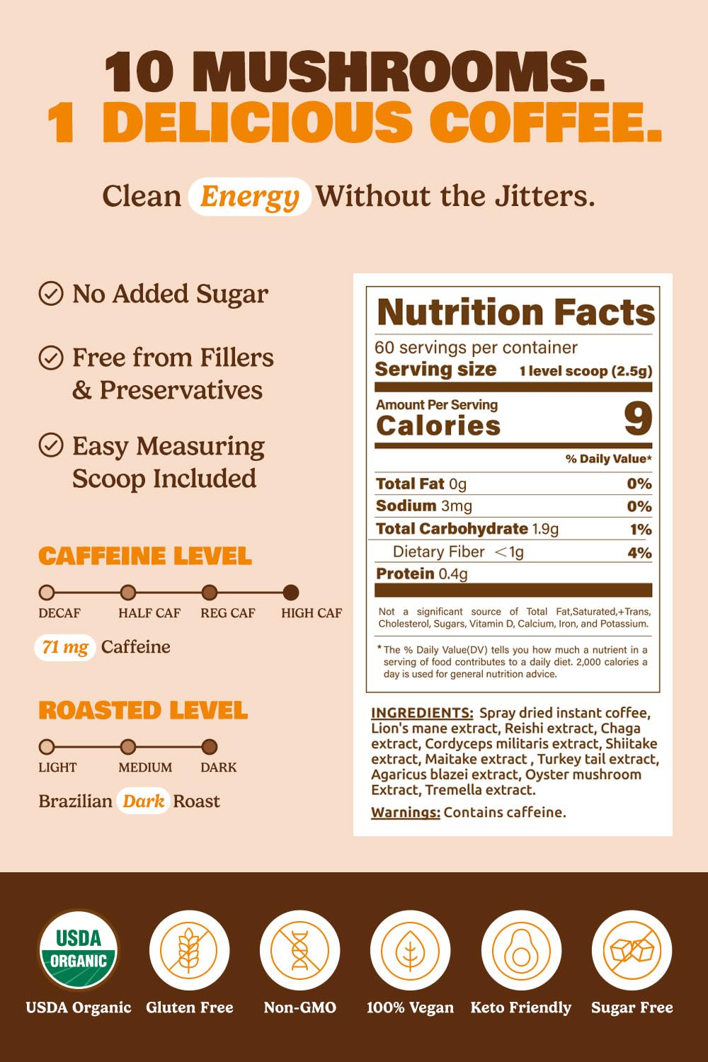 10-in-1 USDA Organic Mushroom Coffee Instant | Brazilian Dark Roast | 60 Servings | ShroomDNA