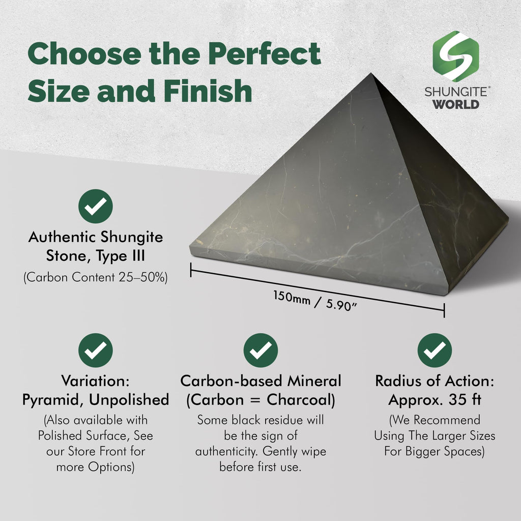 Shungite World Authentic Shungite Pyramid 150 mm – Chakra Energy & Grounding