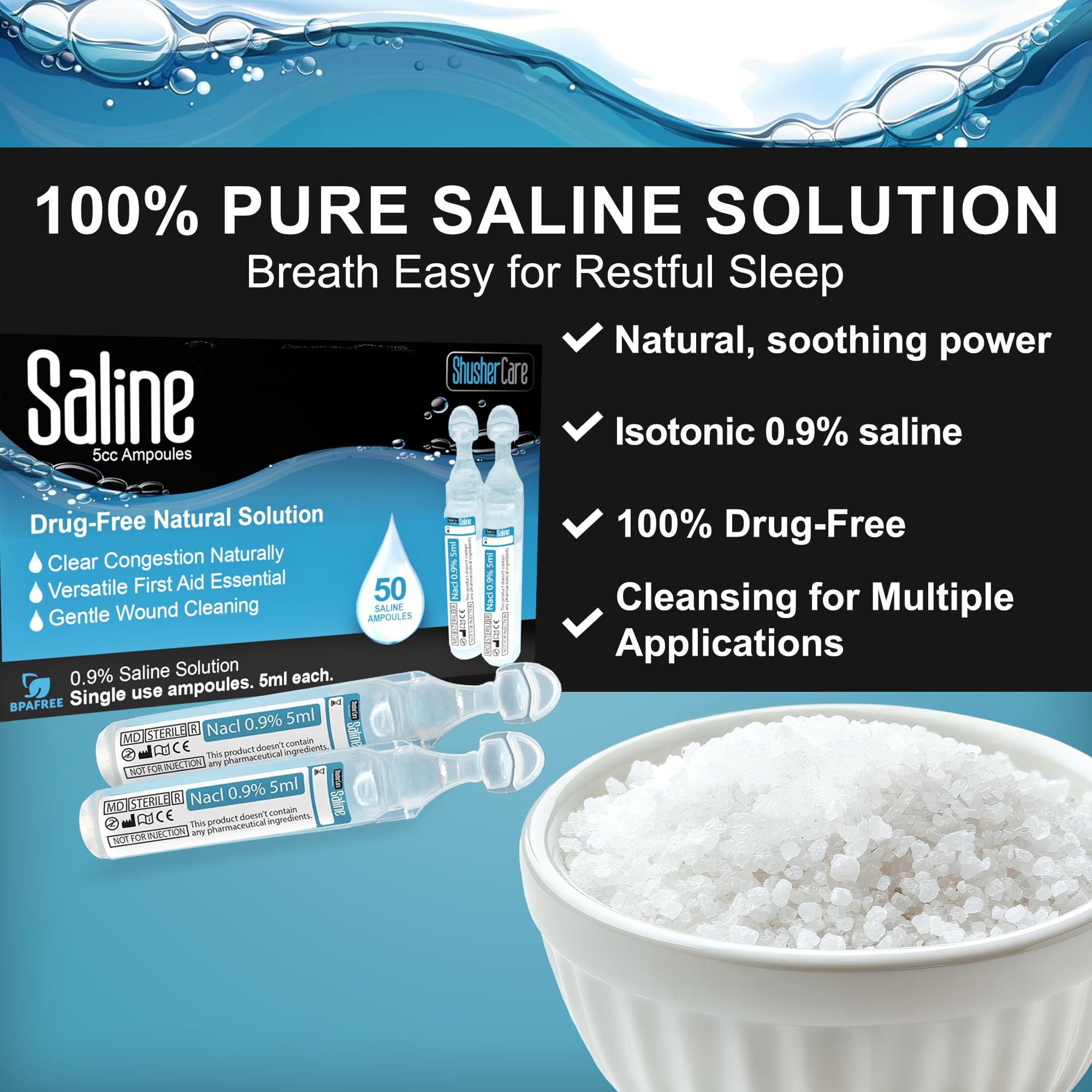 Shusher Care Saline Ampoules 0.9% – Nebulizer, Nasal Care & Wound Cleaning (50 Count, 5ml)