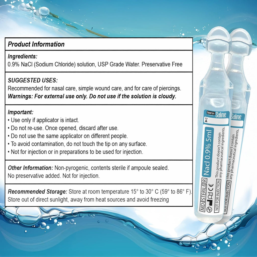 Shusher Care Saline Ampoules 0.9% – 20 × 5ml for Nasal Care, Nebulizer & Wound Cleansing