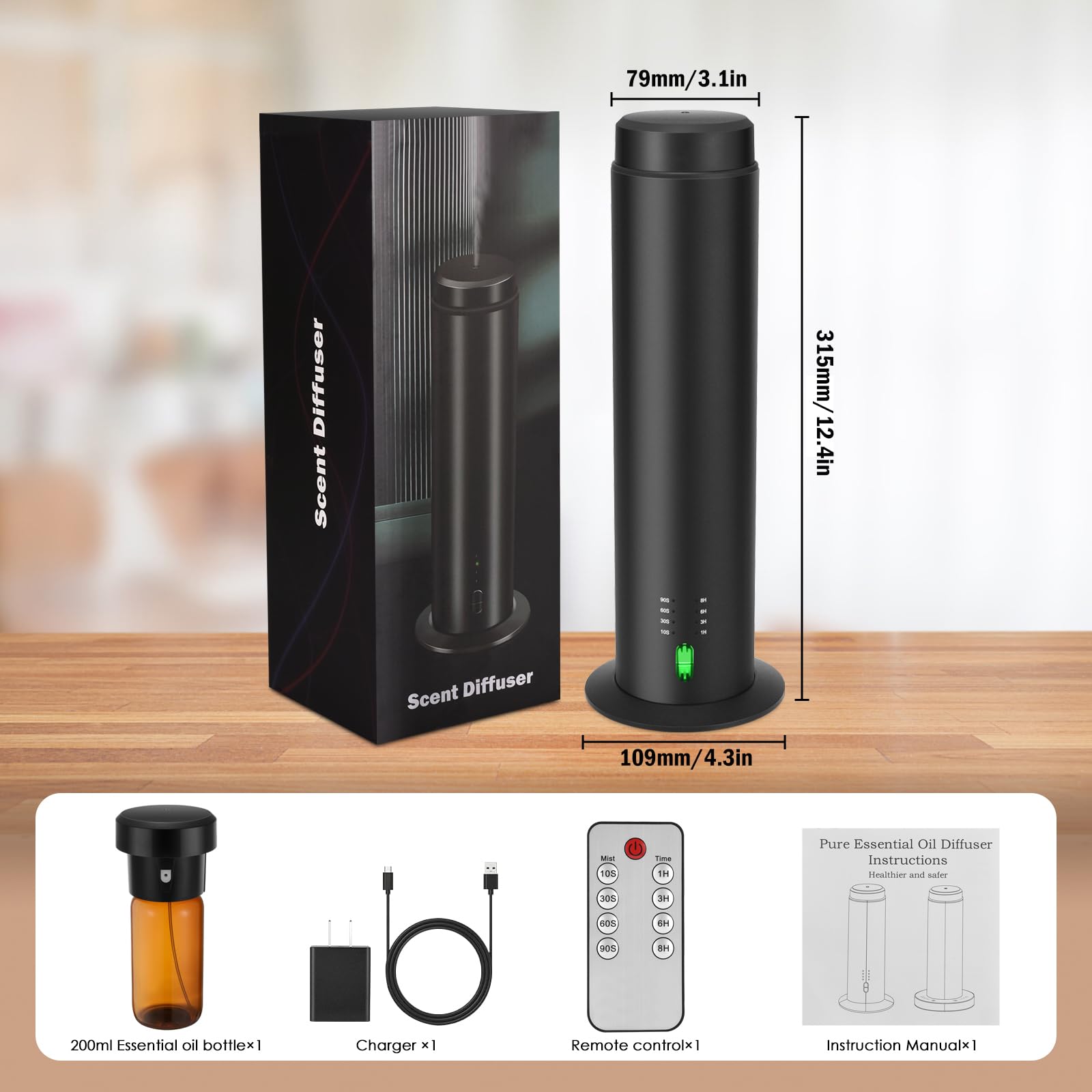 SHXMZS Waterless Scent Essential Oil Diffuser - 200ml, Covers 1500 sq ft, Black