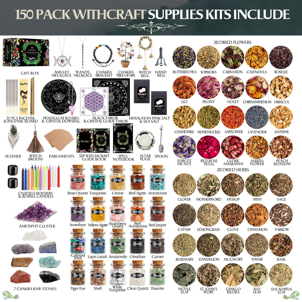 SHYSHINY Witchcraft Supplies Kit – 150-Pack Wiccan Tools, Dried Herbs & Crystals
